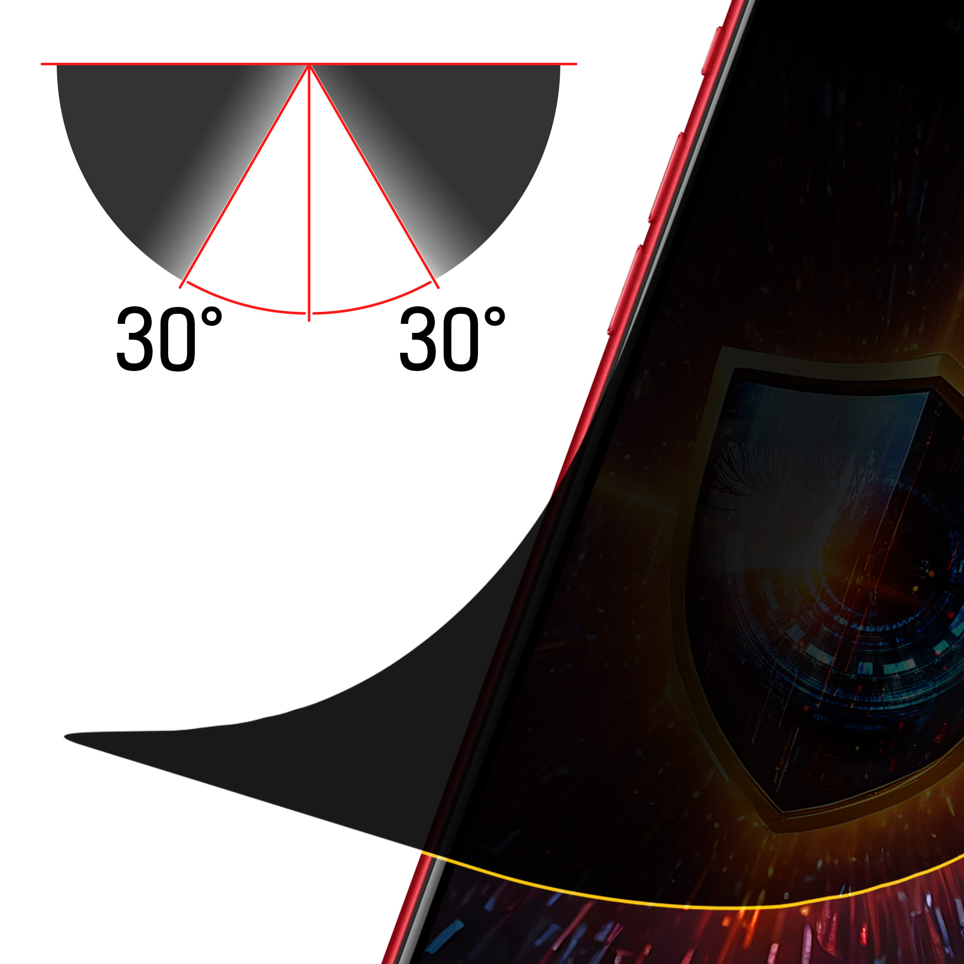 Diagramma che mostra angoli di 30 gradi con un telefono. Il telefono ha un bordo rosso. Lo sfondo è un design a scudo.
