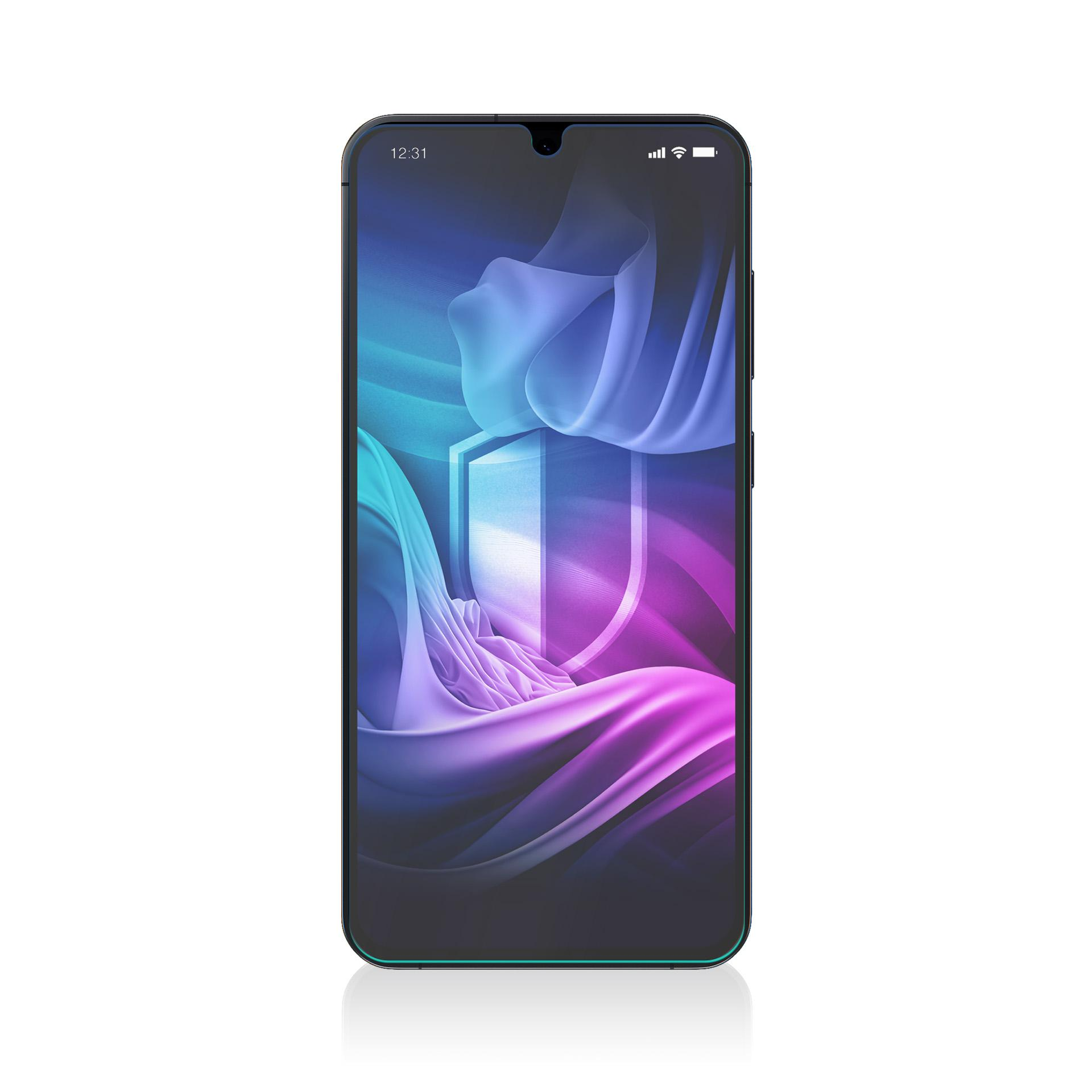 Smartphone che mostra un grafico a scudo con sfondo blu e viola. L'ora è 12:31.