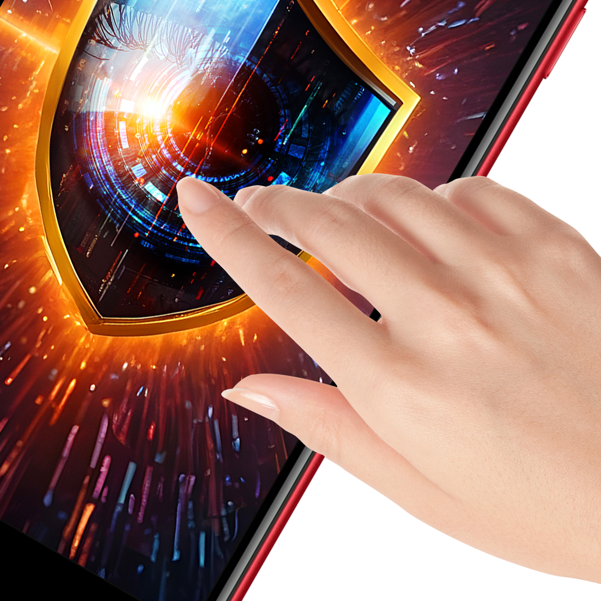 Una mano tocca uno smartphone rosso che mostra un'immagine digitale a forma di occhio con bordo dorato e sfondo futuristico.