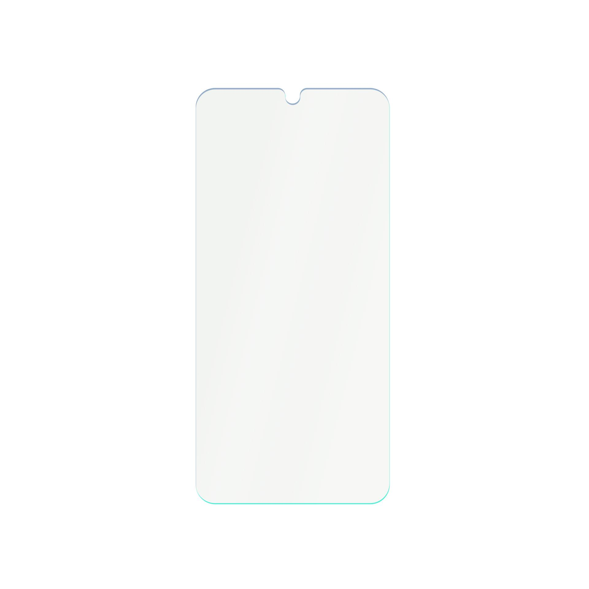 Una protezione schermo trasparente per telefono, con intaglio per fotocamera frontale, su sfondo bianco.