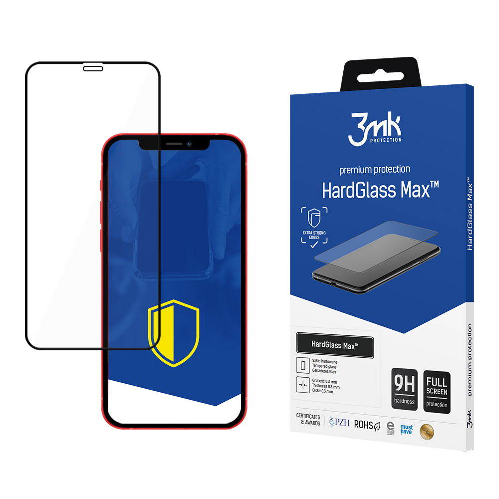Een telefoon met schermbeschermer en de verpakking ervan. Op de doos staat 'HardGlass Max' en '9H hardheid'.