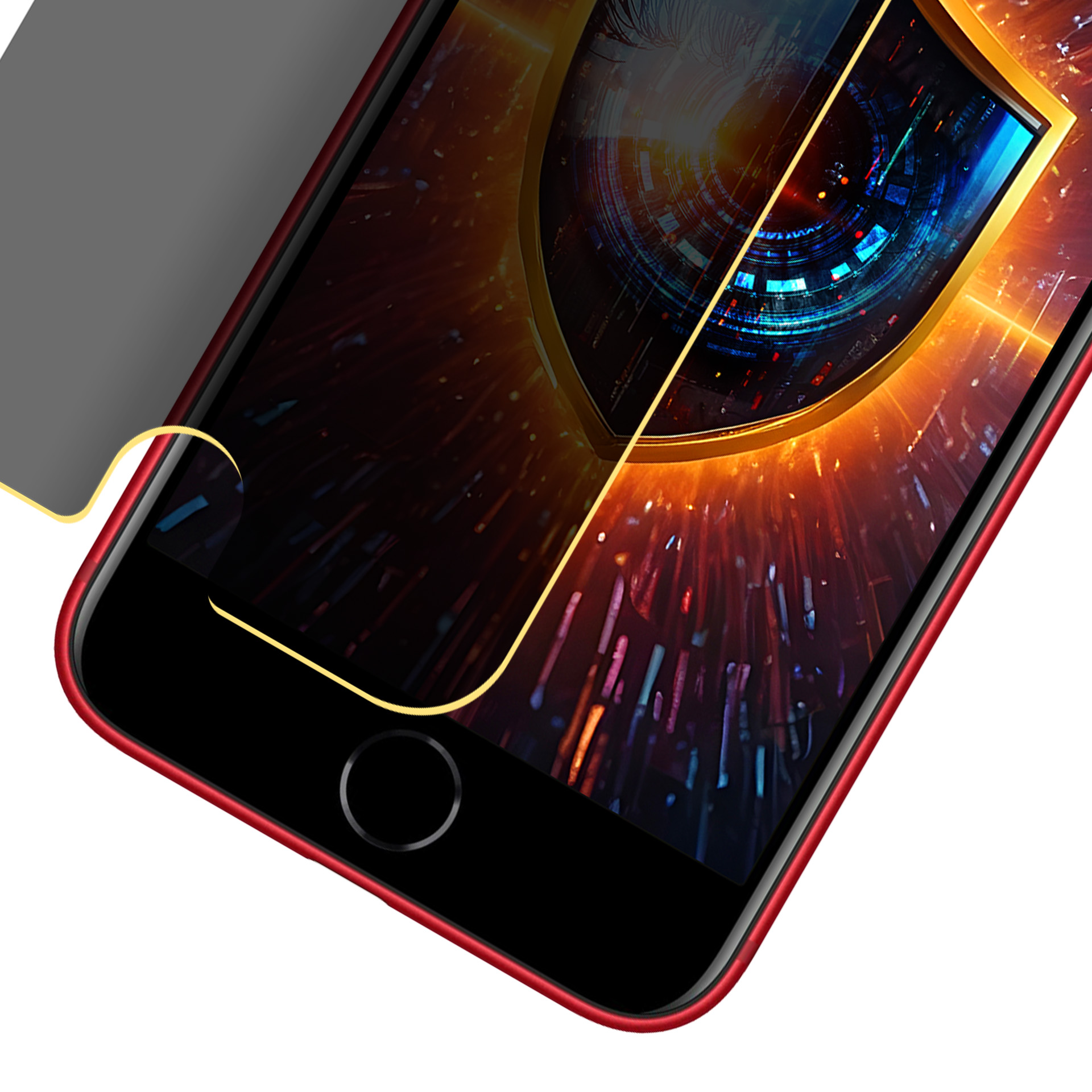Smartphone rosso con protezione schermo con design tecnologico. Parti dello schermo visibili, con tasto home nero.