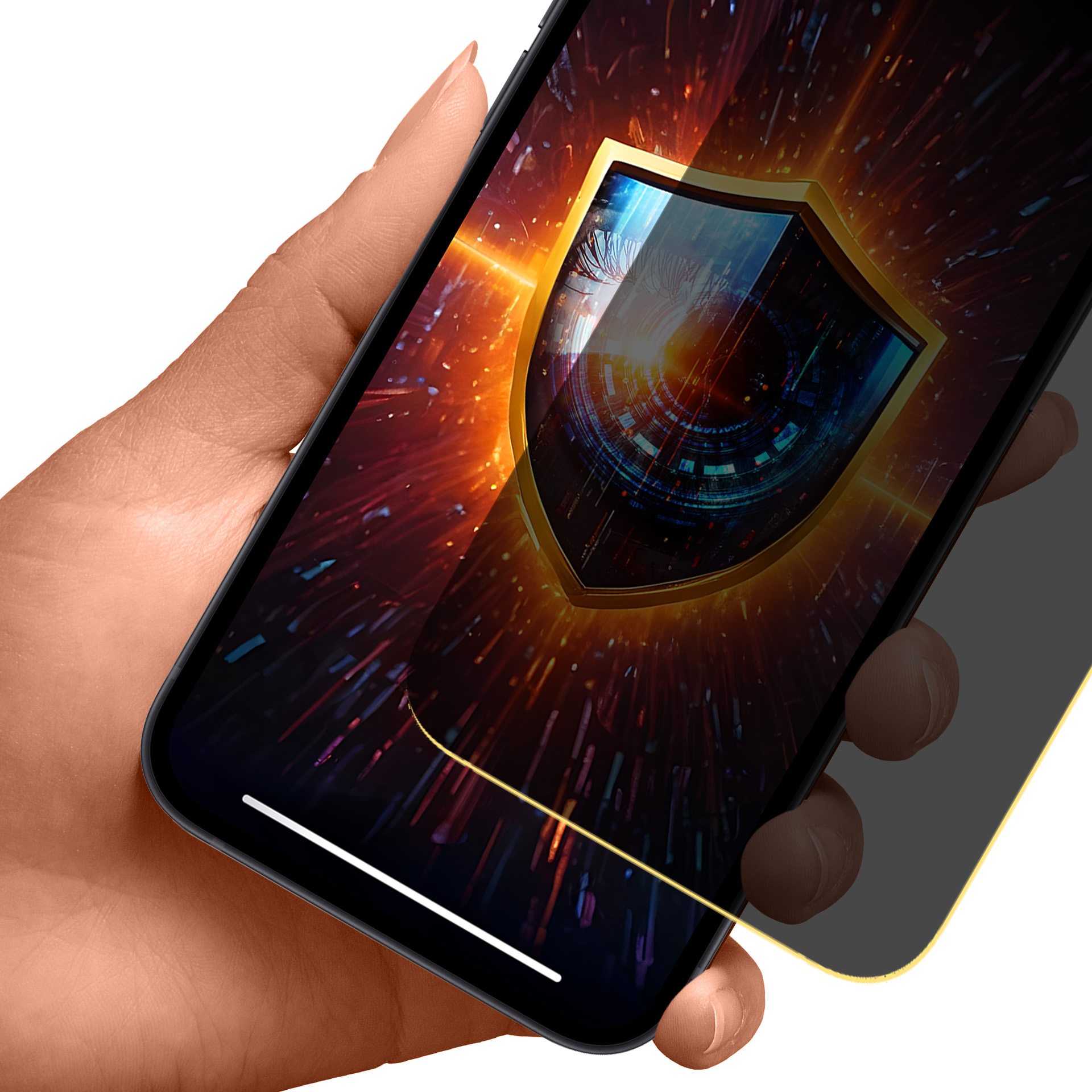 Mano che tiene un telefono che mostra uno scudo d'oro su uno sfondo digitale. Lo schermo ha una protezione.