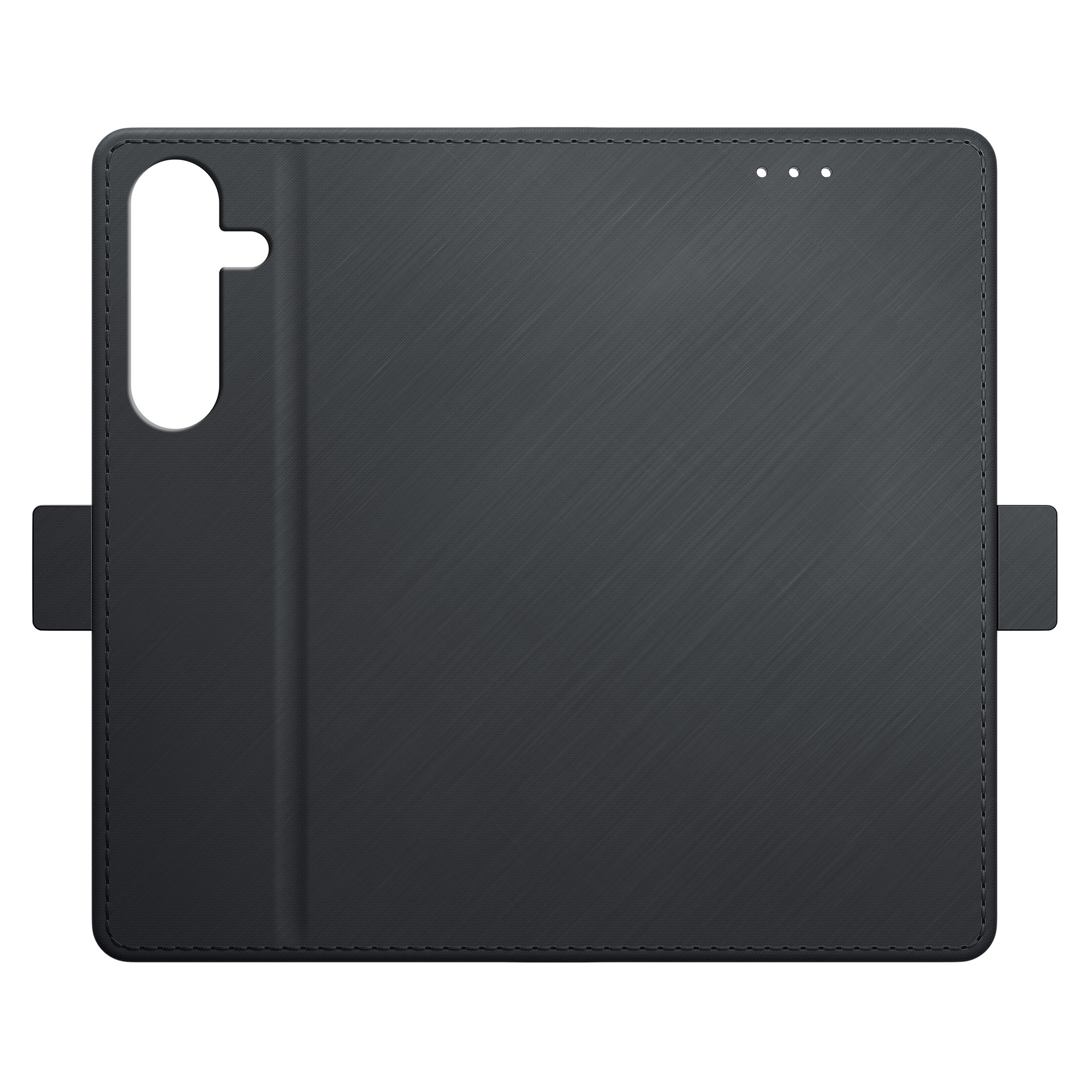 Czarne etui na telefon z teksturowanym wykończeniem i wycięciem na aparat. Posiada magnetyczne zamknięcie.