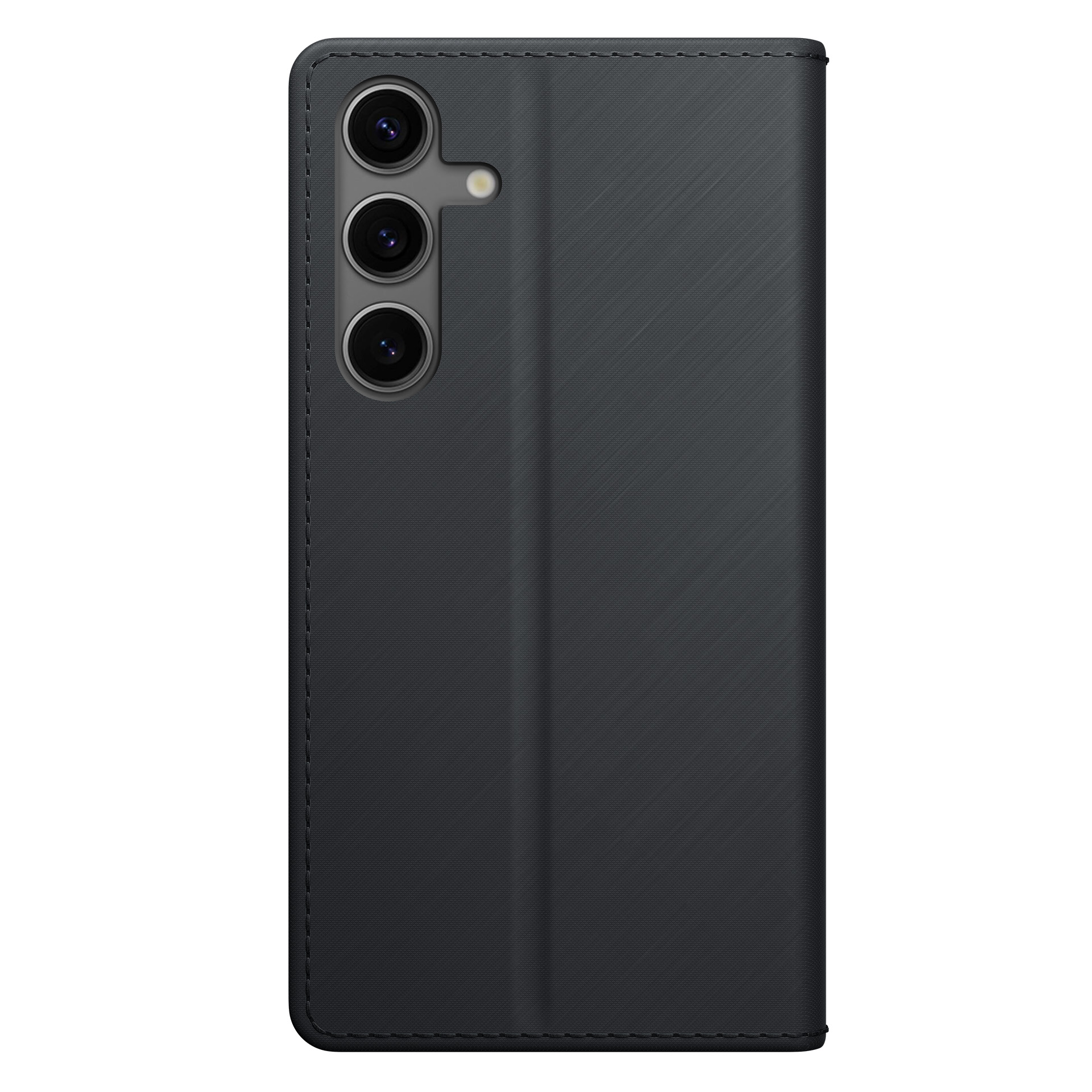 Czarne etui na telefon z trzema obiektywami. Etui ma teksturowaną powierzchnię. Tło jest białe.