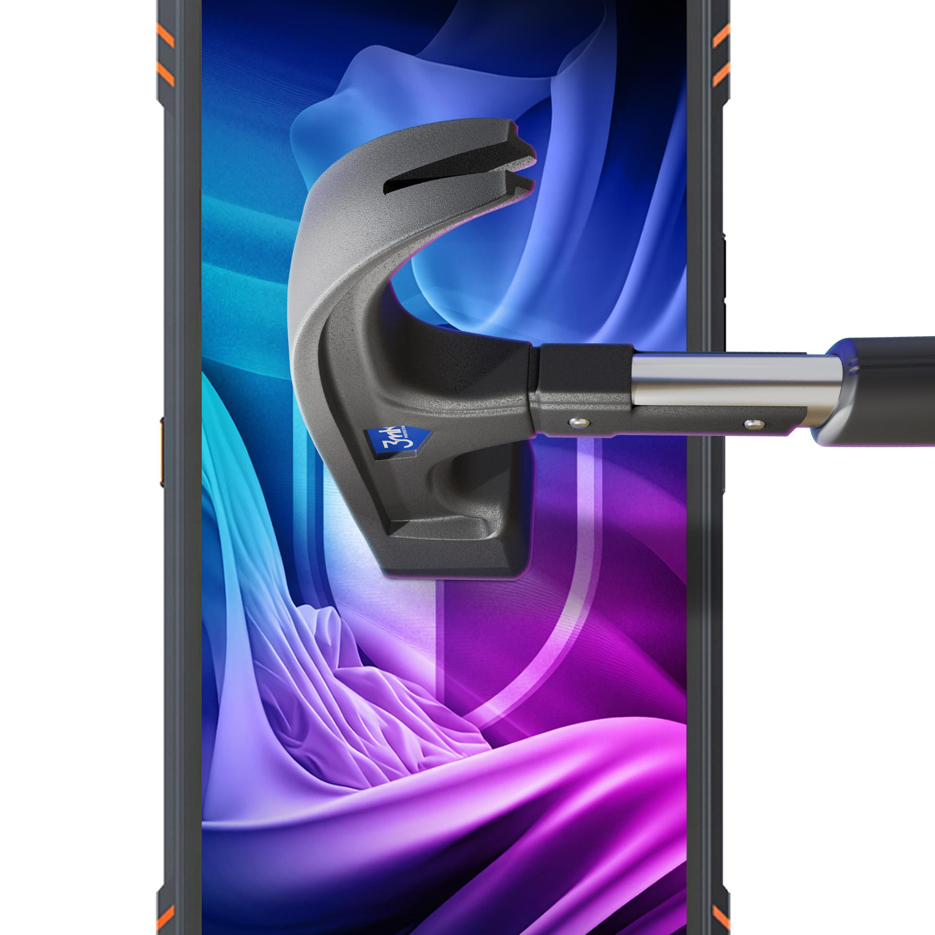 Młotek uderza w ekran telefonu. Telefon ma czarną ramkę z pomarańczowymi akcentami. Ekran wyświetla niebiesko-fioletowy wzór.