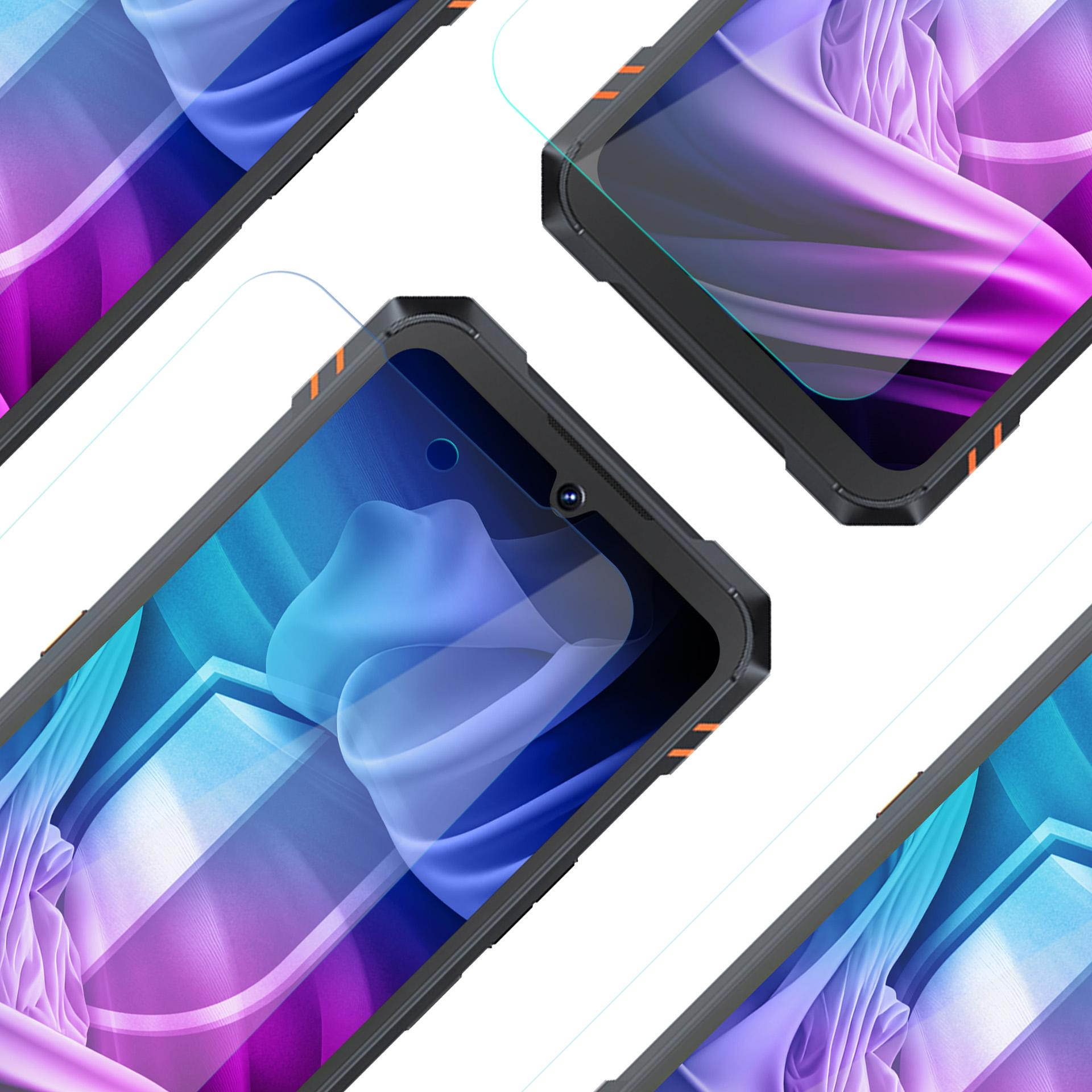 Cztery smartfony, czarne ramki, ochraniacze ekranu. Ekrany wyświetlają niebieskie, fioletowe i białe abstrakcyjne wzory. Pomarańczowe akcenty na ramkach.