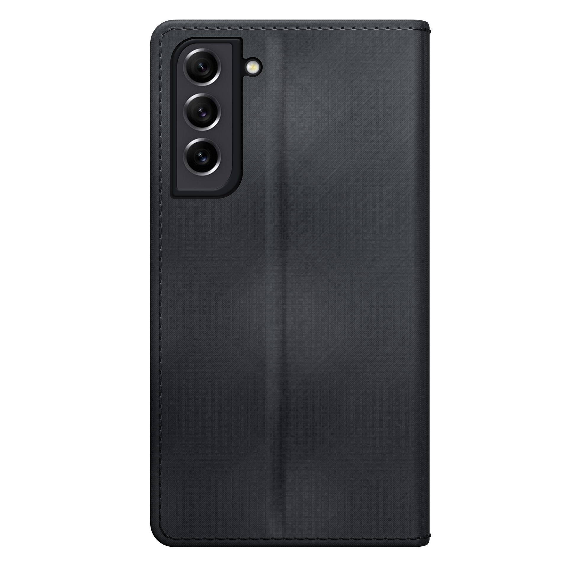 Custodia nera per telefono con fori per fotocamera. La custodia è chiusa e sembra essere fatta di materiale strutturato.