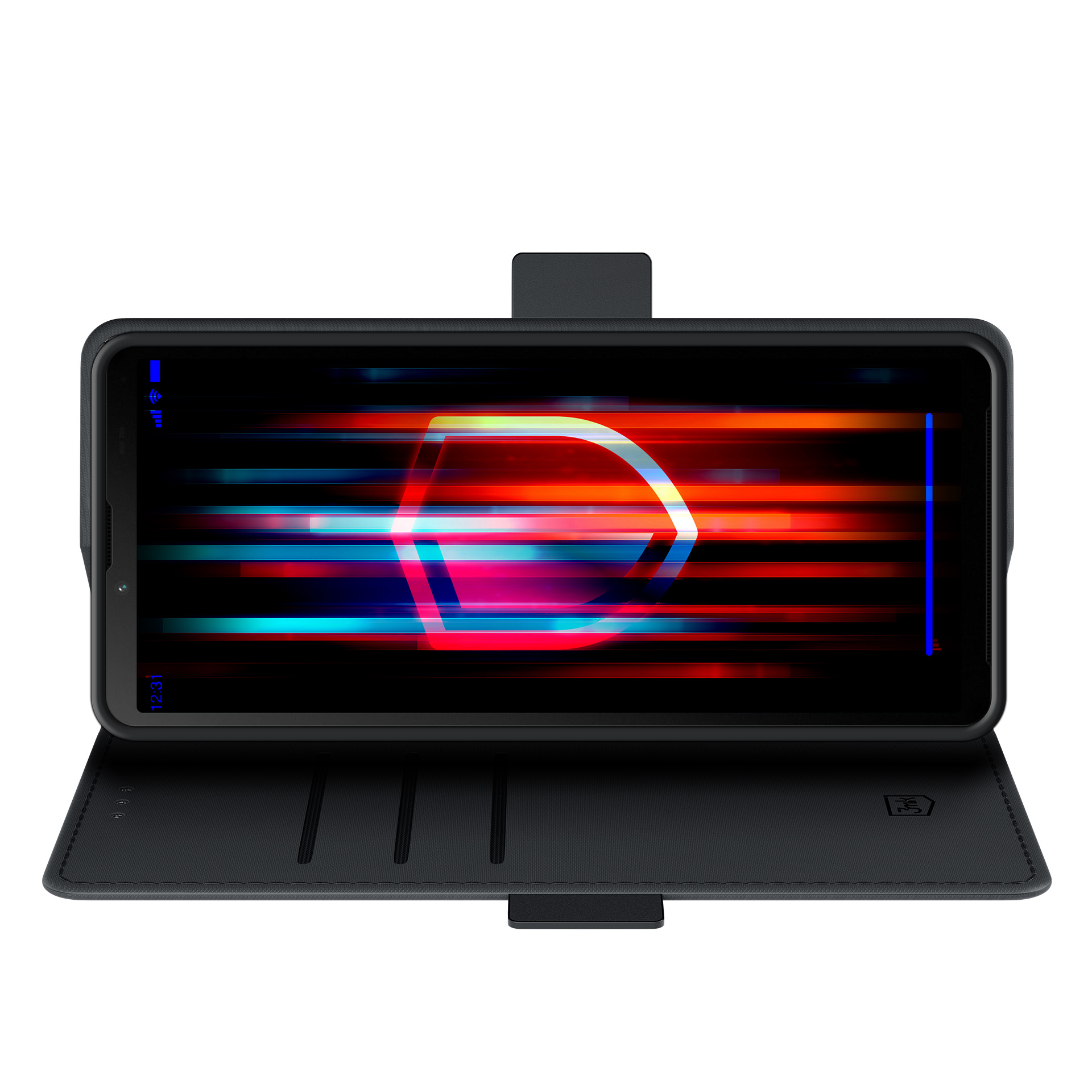 Smartfon w czarnym etui. Ekran wyświetla kolorową grafikę. Etui jest otwarte, odsłania wnętrze.