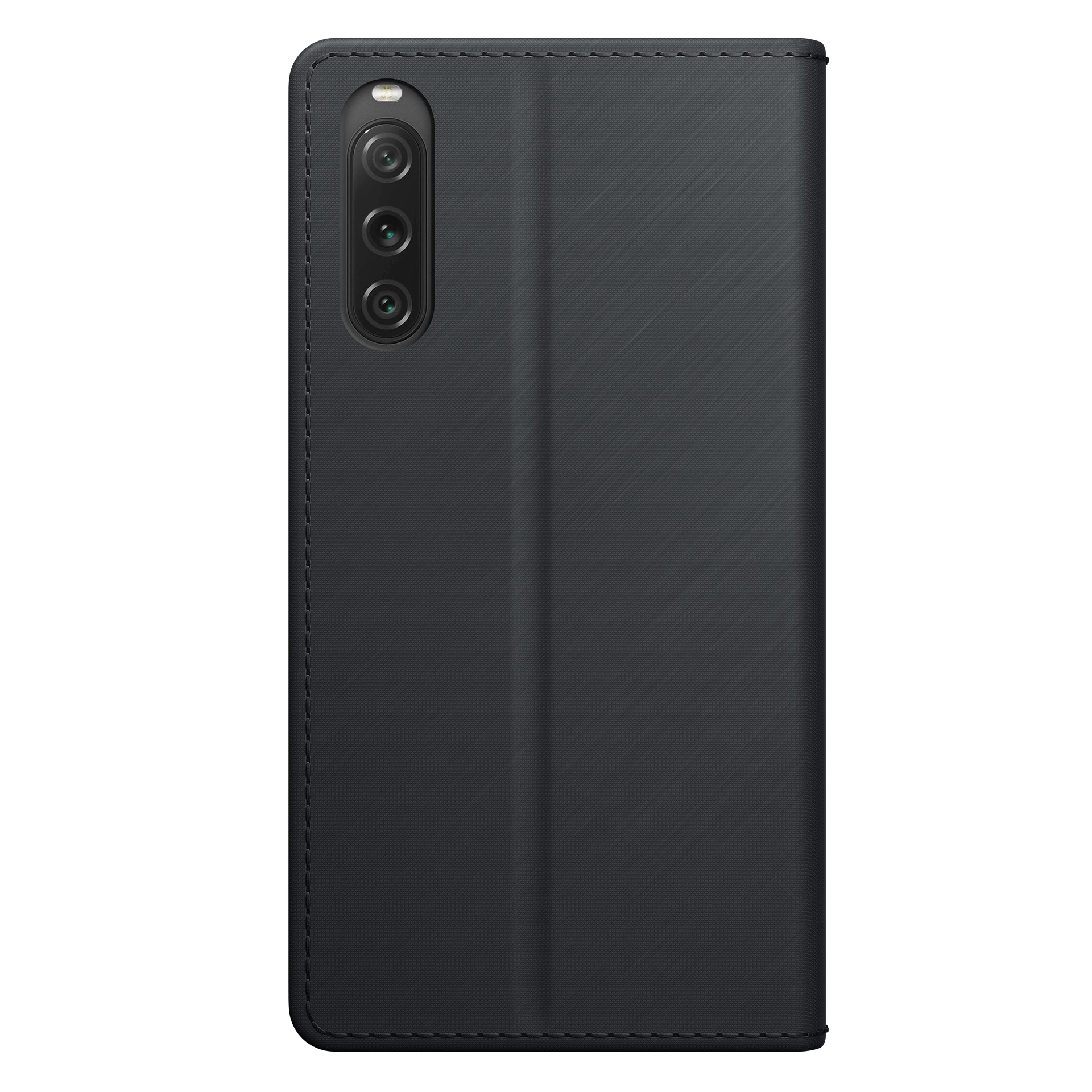 Czarny futerał na telefon z zestawem kamer. Zamknięty, ma teksturowaną powierzchnię i przeszycia.