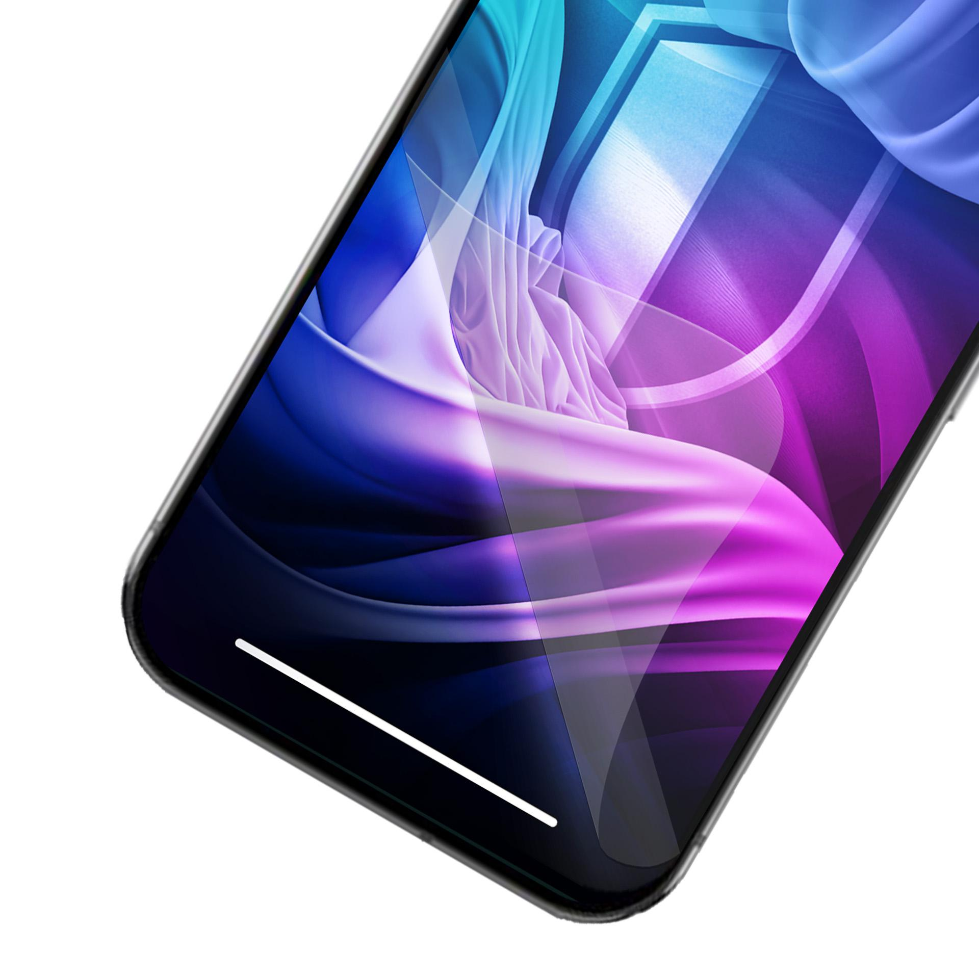 Schermo di smartphone con un design astratto e colorato con elementi blu, viola e bianchi. Sfondo bianco.
