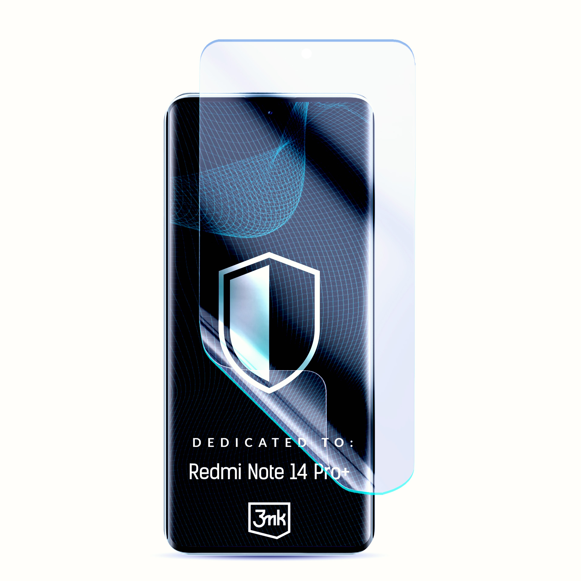 Un telefono con protezione schermo. Il telefono è nero, la protezione è blu e trasparente. Il testo sullo schermo dice Redmi Note 14 Pro+.