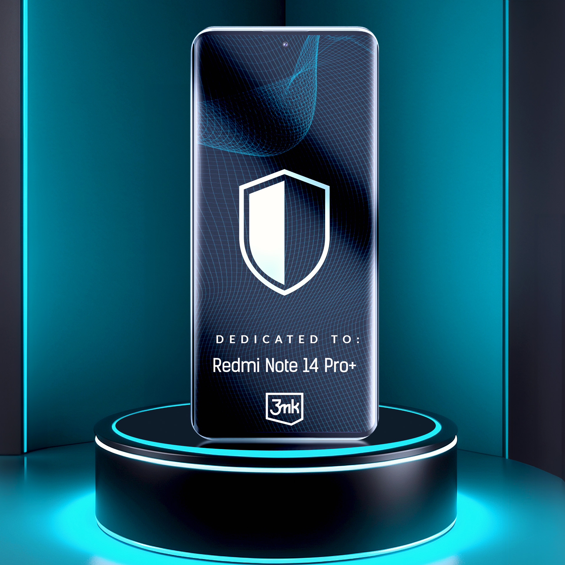 Smartphone con logo scudo, dedicato a Redmi Note 14 Pro+, su piedistallo luminoso, sfondo blu-verde.