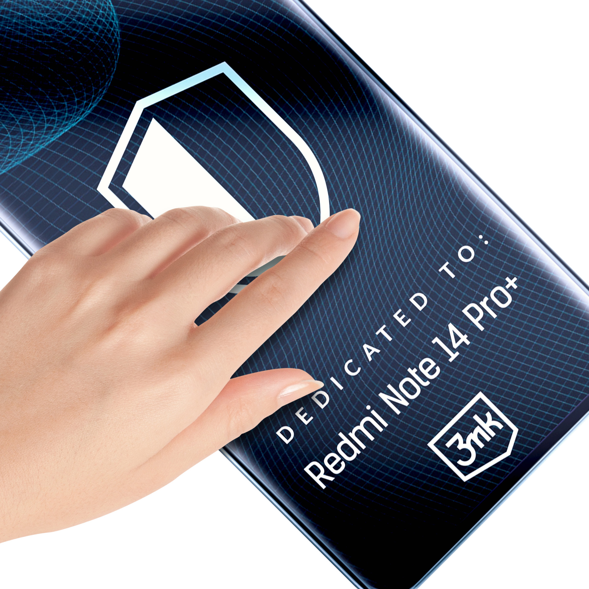 Una mano tocca lo schermo di un telefono. Lo schermo visualizza il testo: Dedicated to Redmi Note 14 Pro+. È visibile anche un'icona a scudo.