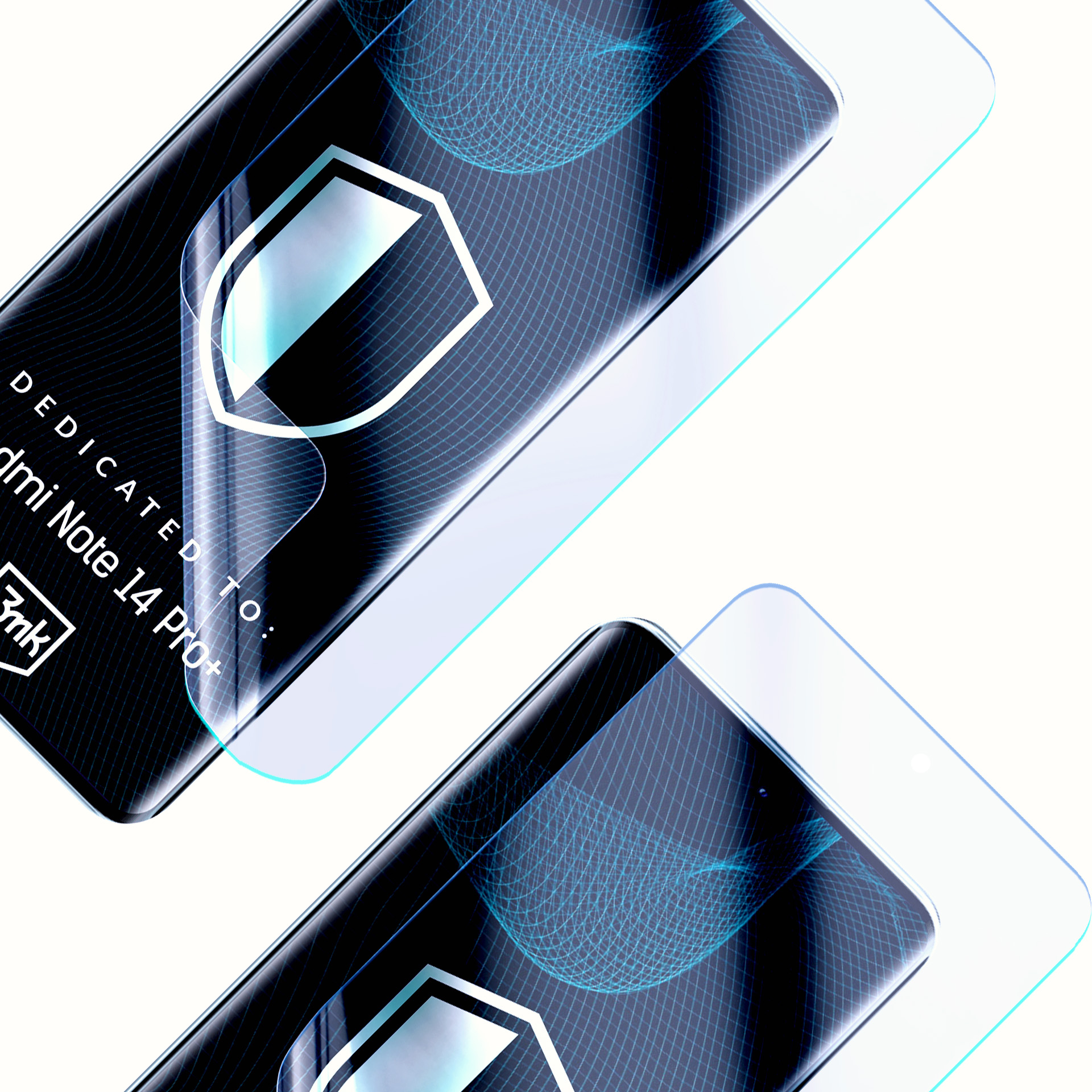 Due schermi di smartphone con vetro protettivo. Gli schermi hanno un logo a scudo e del testo.
