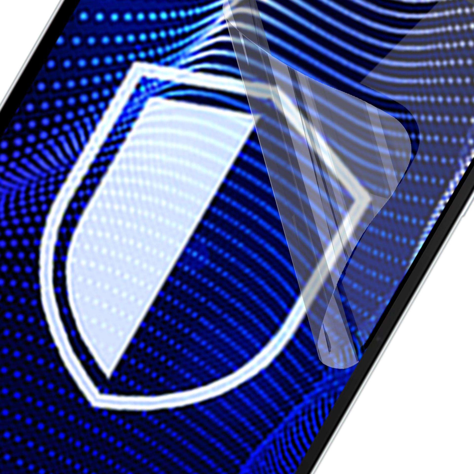 Ekran telefonu z ikoną tarczy jest chroniony przez osłonę ekranu. Tło ma niebieski wzór.