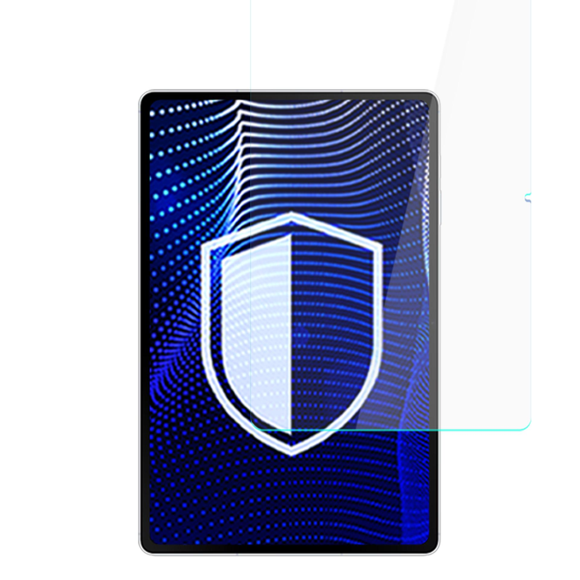 Tablet z ochroną ekranu. Ekran wyświetla niebieską grafikę tarczy. Ochrona jest przezroczysta.