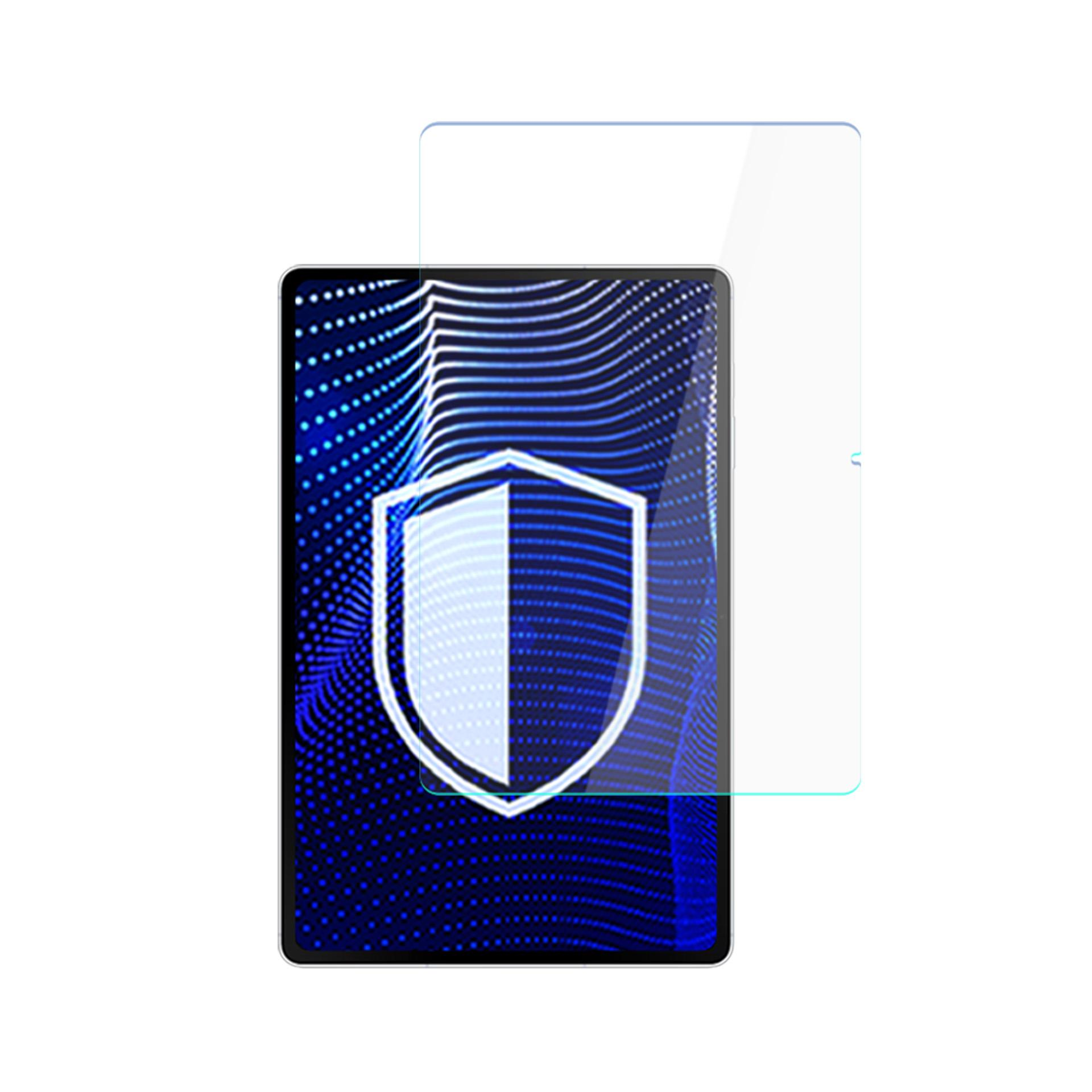 Tablet z ochroną ekranu. Ekran pokazuje niebieskie tło i biały symbol tarczy.