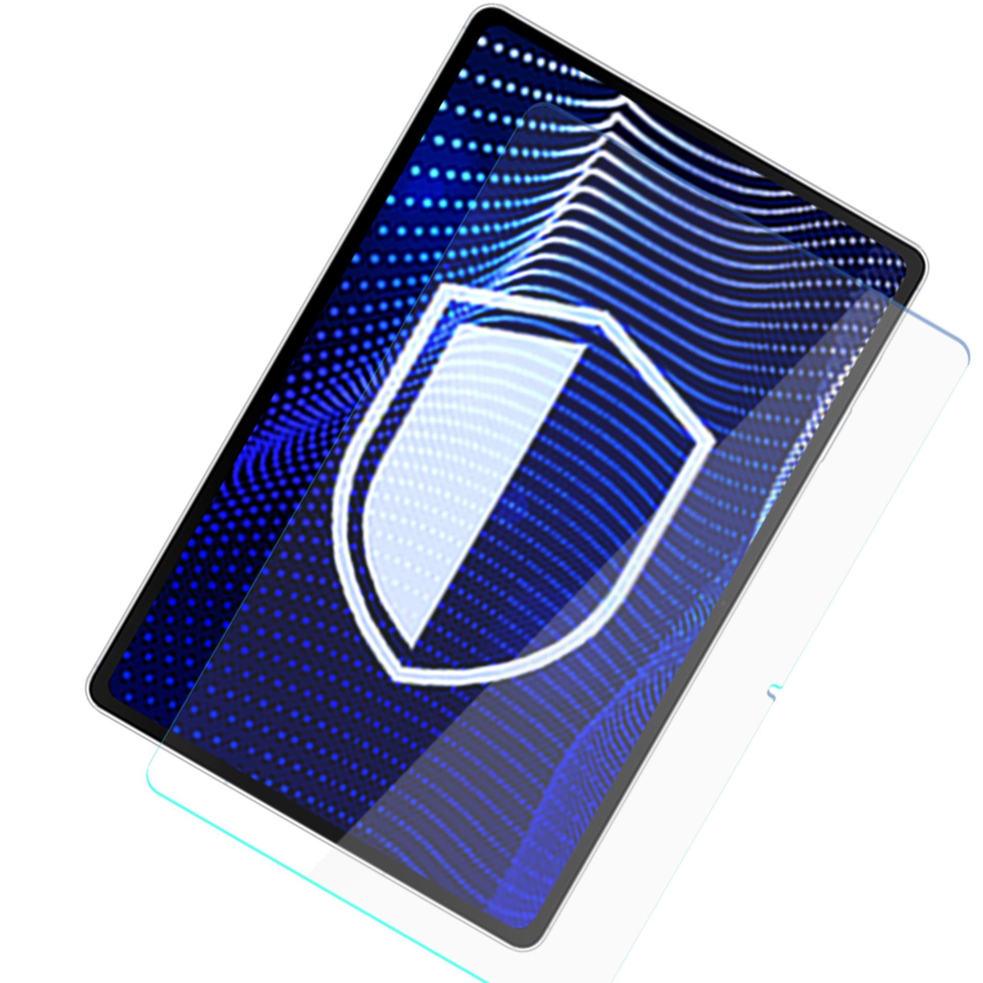 Tablet z ochraniaczem ekranu, wyświetlający ikonę tarczy. Tło jest niebieskie z białymi liniami i kropkami.