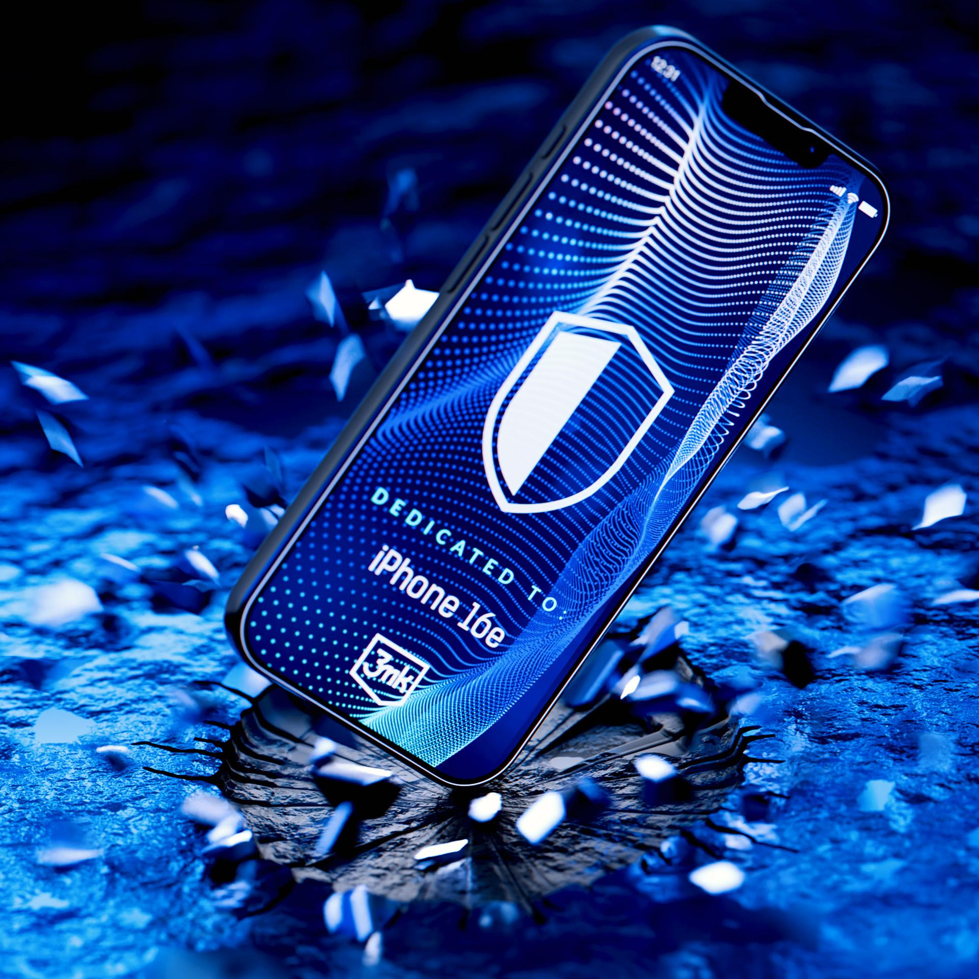 Un telefono con un logo a scudo è dedicato all'iPhone 16e. Il telefono sta sfondando una superficie con frammenti blu.