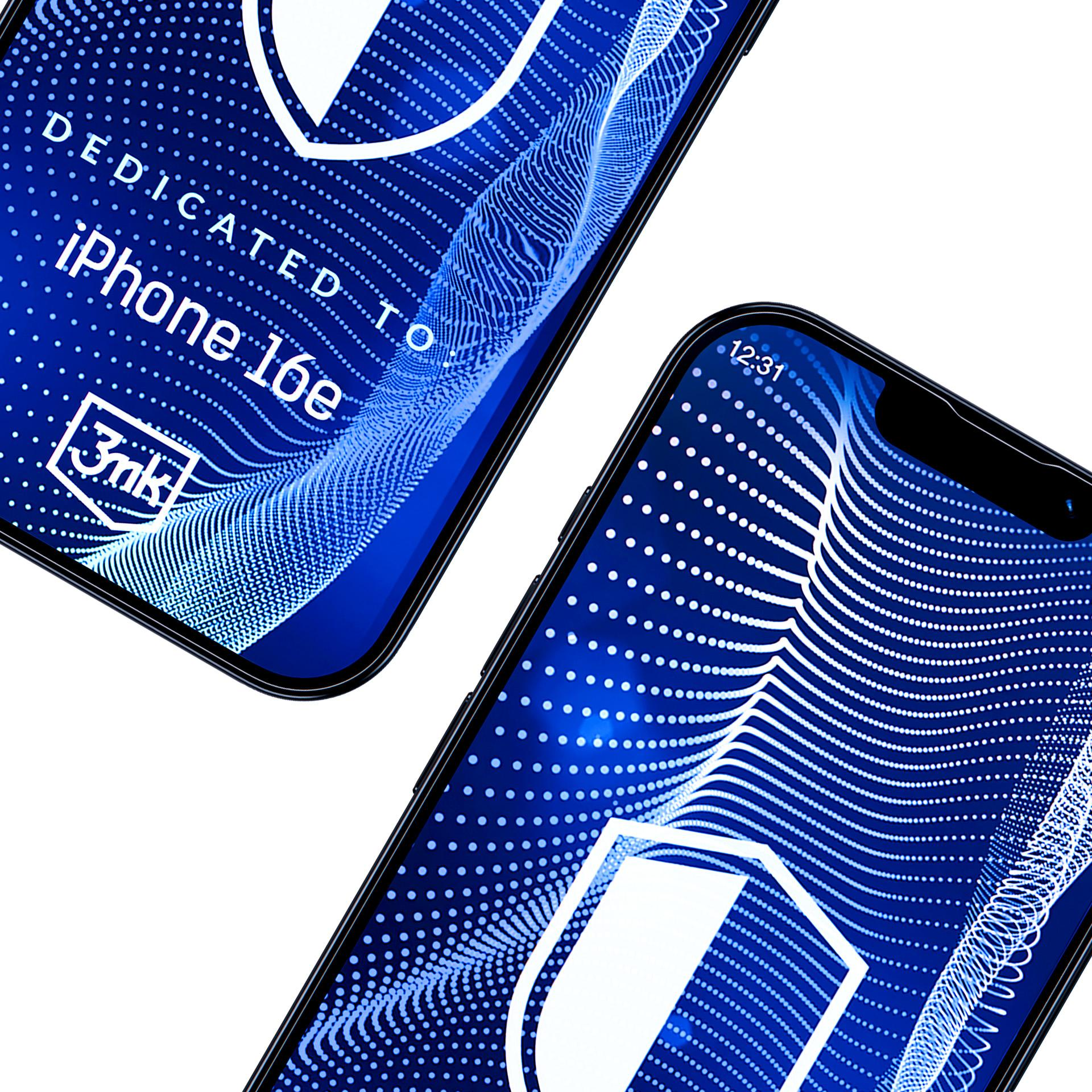 Due smartphone con schermi blu, motivi a pois bianchi e testo: 'Dedicated to iPhone 16e' e logo. Sfondo bianco.