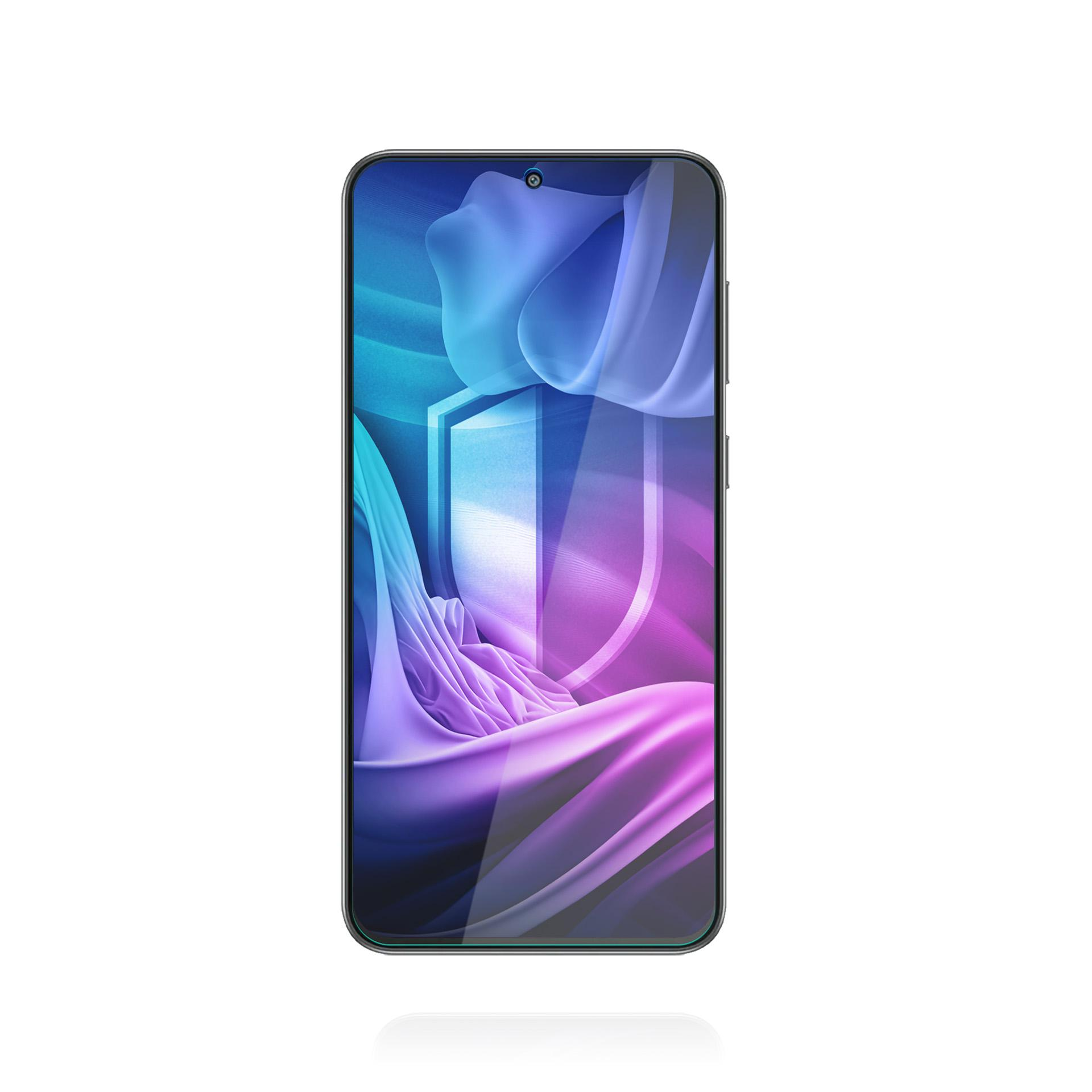 Smartphone con un design astratto colorato sullo schermo, su sfondo bianco.