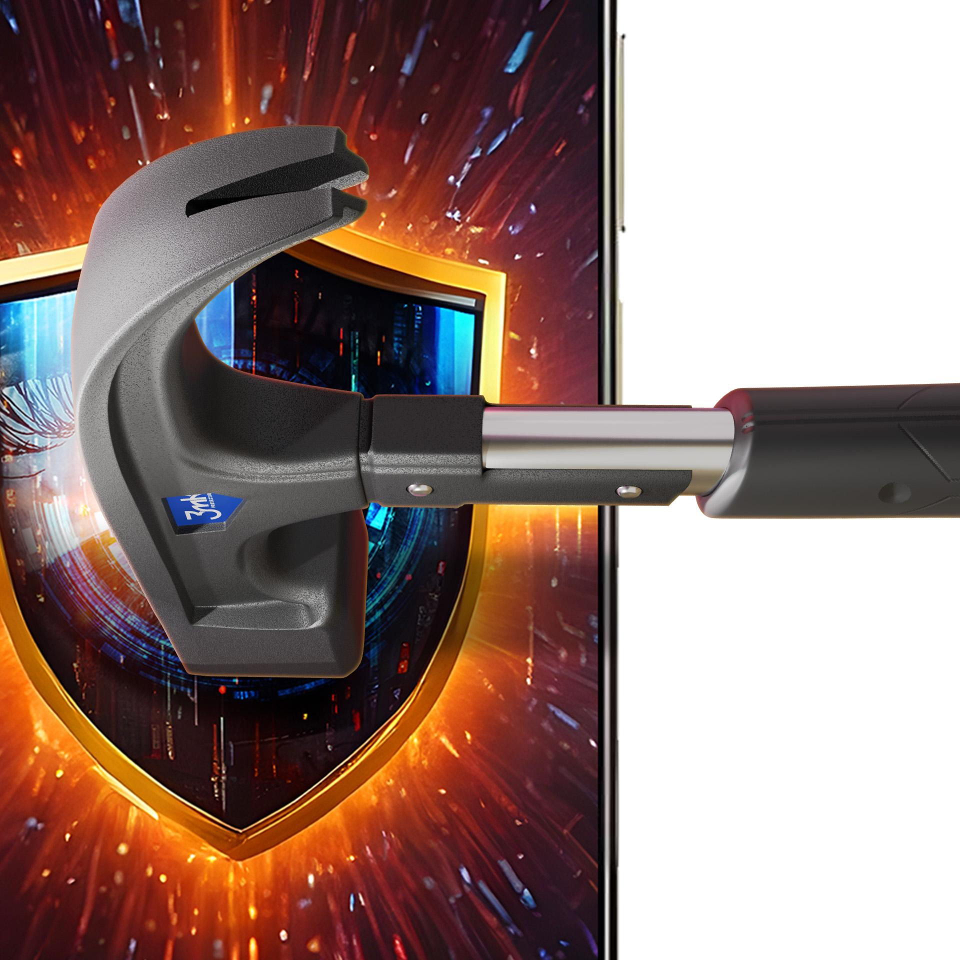 Młotek rozbija ekran telefonu. Ekran wyświetla tarczę. Tło jest pomarańczowe i czerwone.