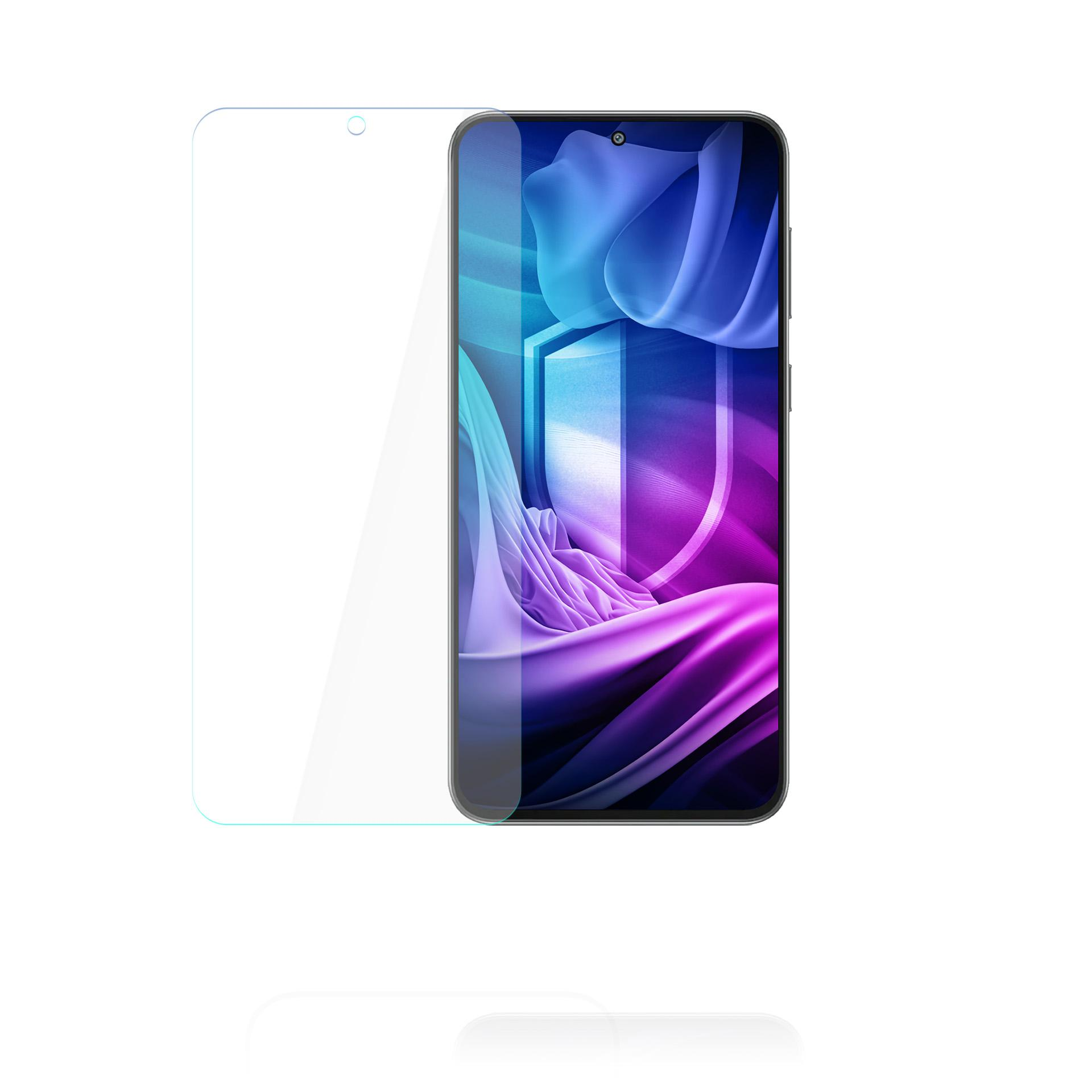 Uno smartphone con una protezione per lo schermo. Lo schermo mostra un design astratto colorato. La protezione è trasparente.