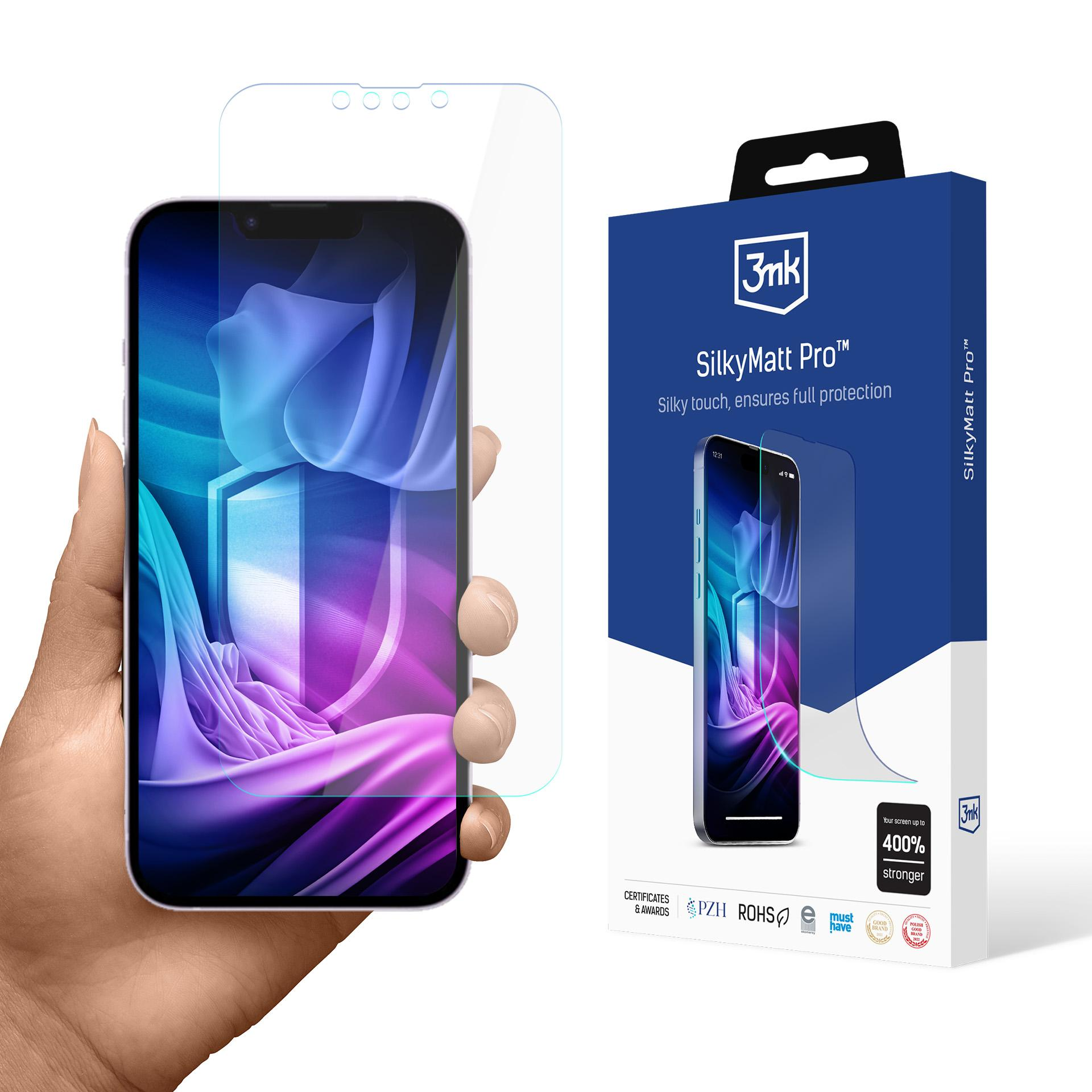 Dłoń trzyma telefon z ochraniaczem ekranu. Pudełko ze szczegółami ochraniacza po prawej. Niebieski motyw.