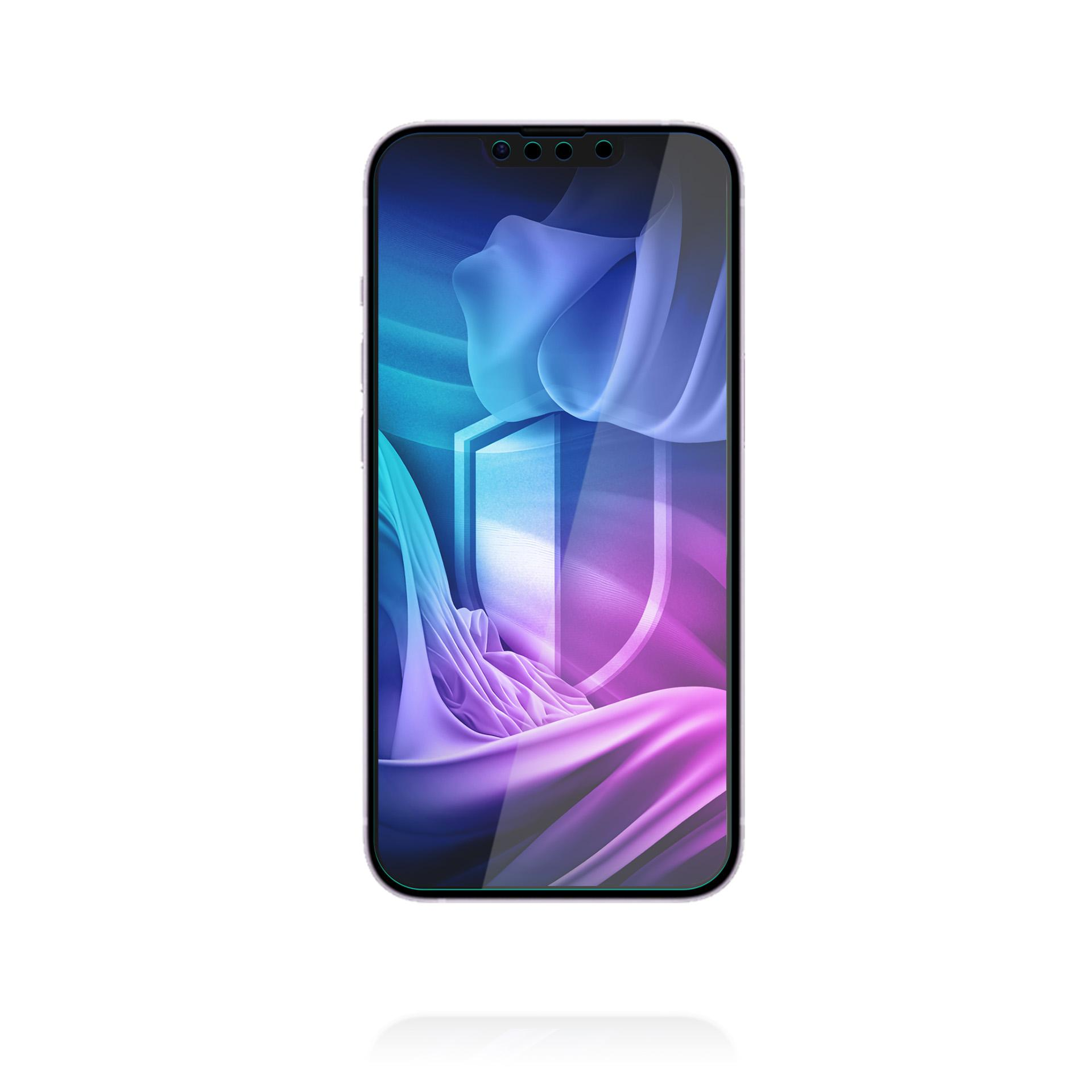 Smartfon z ekranem pokazującym niebieski i fioletowy abstrakcyjny wzór. Telefon jest na białym tle.