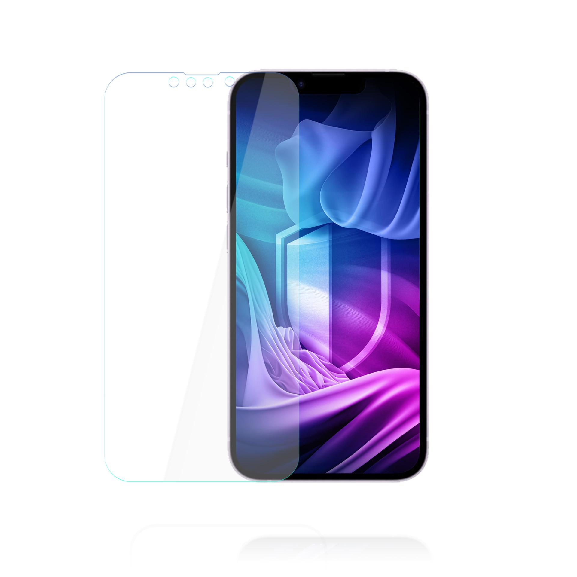 Smartfon z ochraniaczem ekranu. Ekran wyświetla abstrakcyjne niebieskie i fioletowe kształty. Ochraniacz jest przezroczysty.