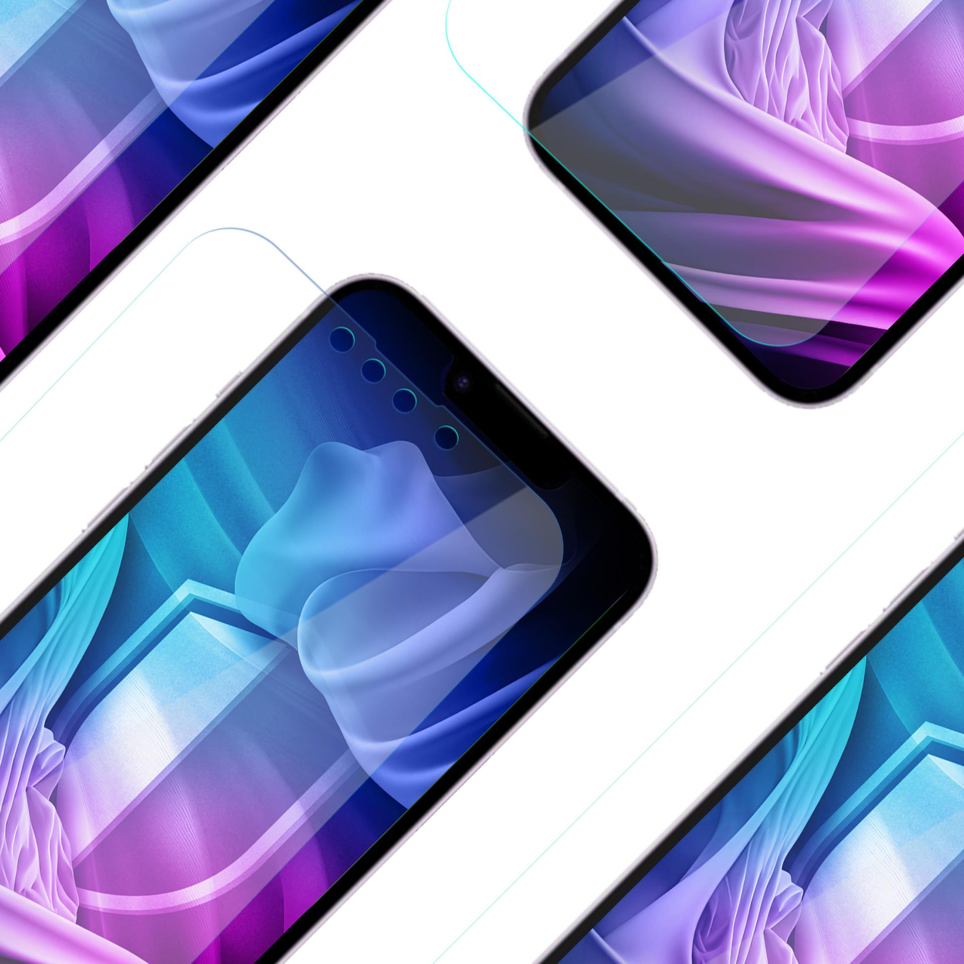 Zbliżenie wielu telefonów z abstrakcyjnymi tłami w kolorach niebieskim, fioletowym i białym, tworzące nowoczesną, artystyczną kompozycję.
