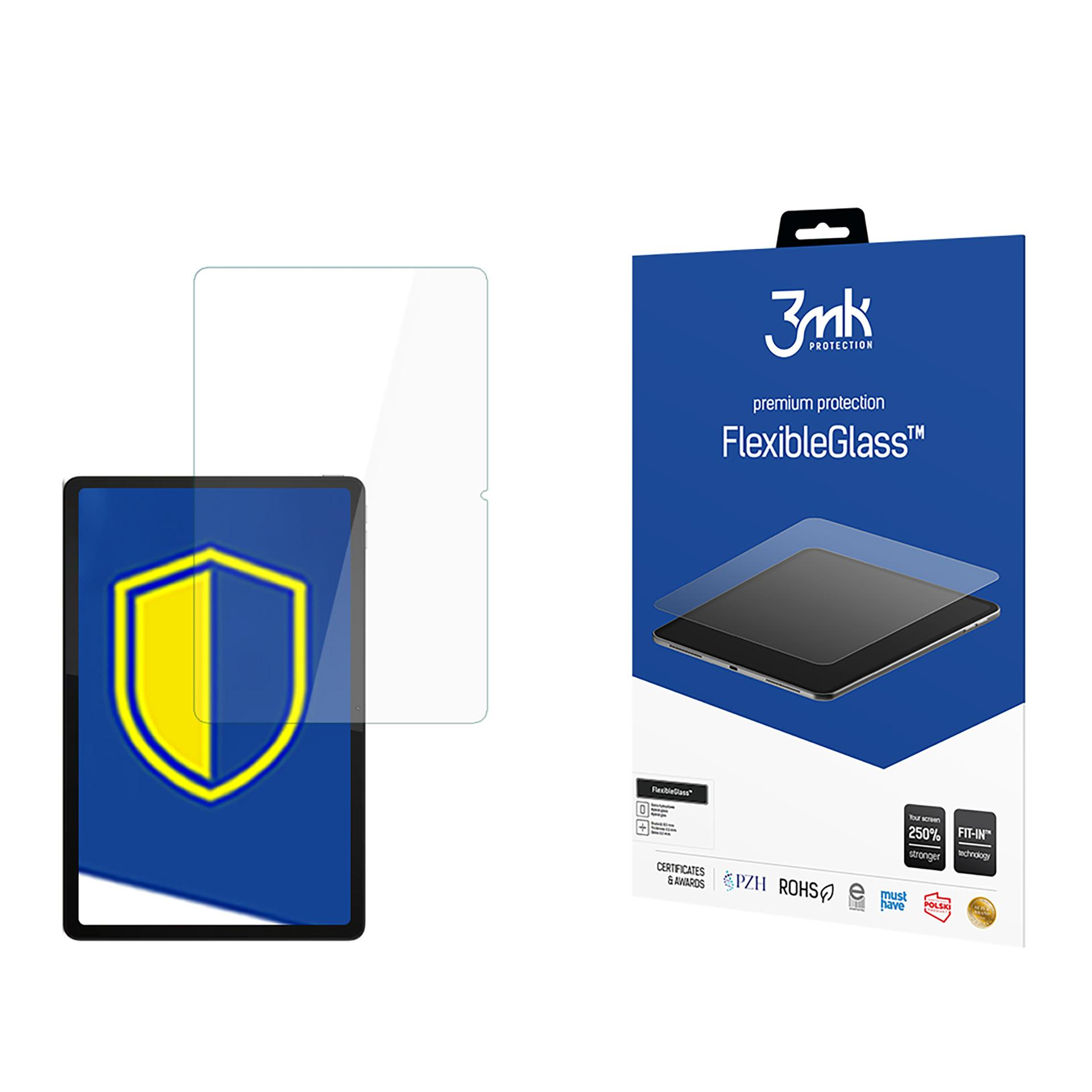 Tablet z żółto-niebieską tarczą na ekranie, szkło ochronne i opakowanie z logo FlexibleGlass.