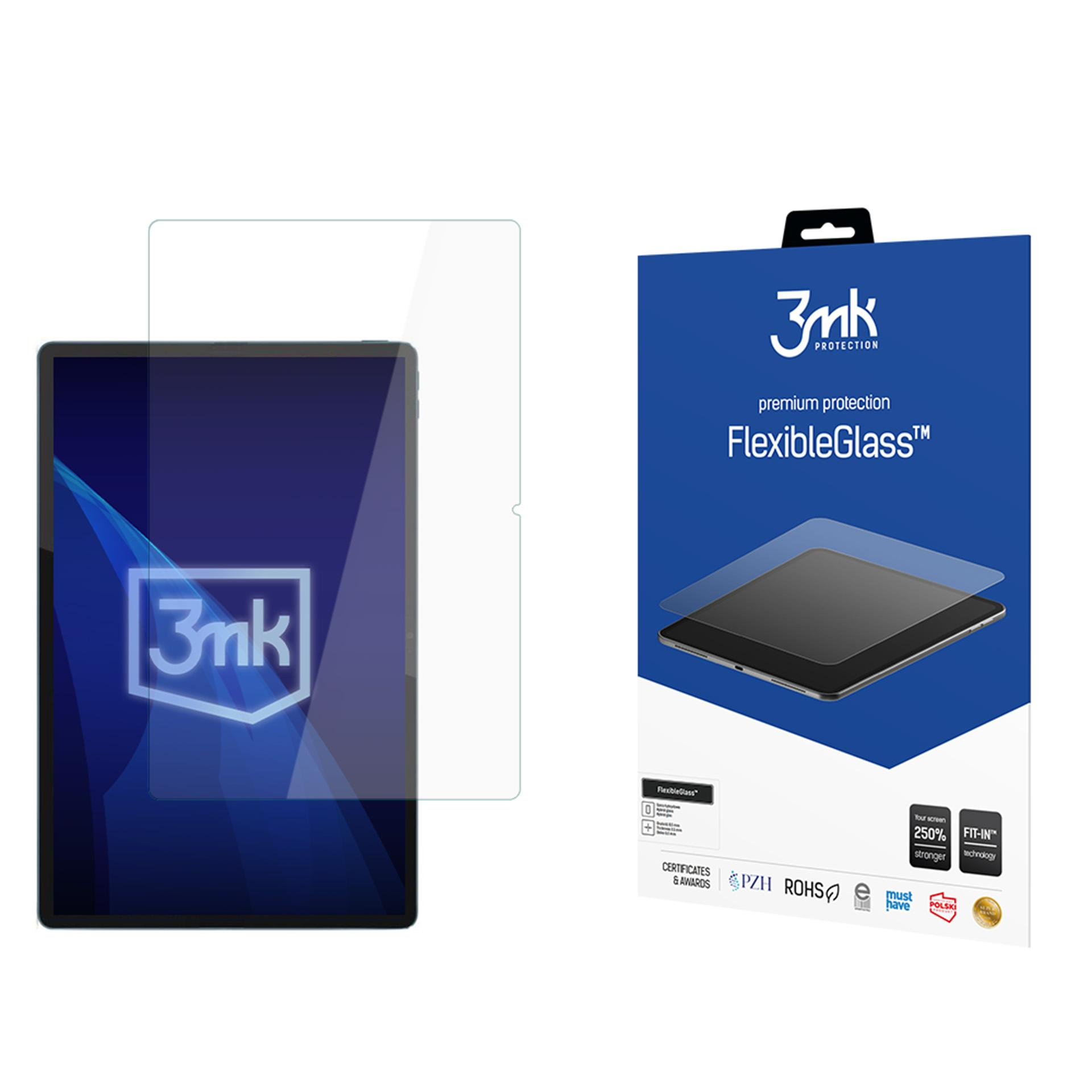 Tablet z ochraniaczem ekranu i opakowaniem. Ochraniacz jest przezroczysty, opakowanie niebiesko-białe.