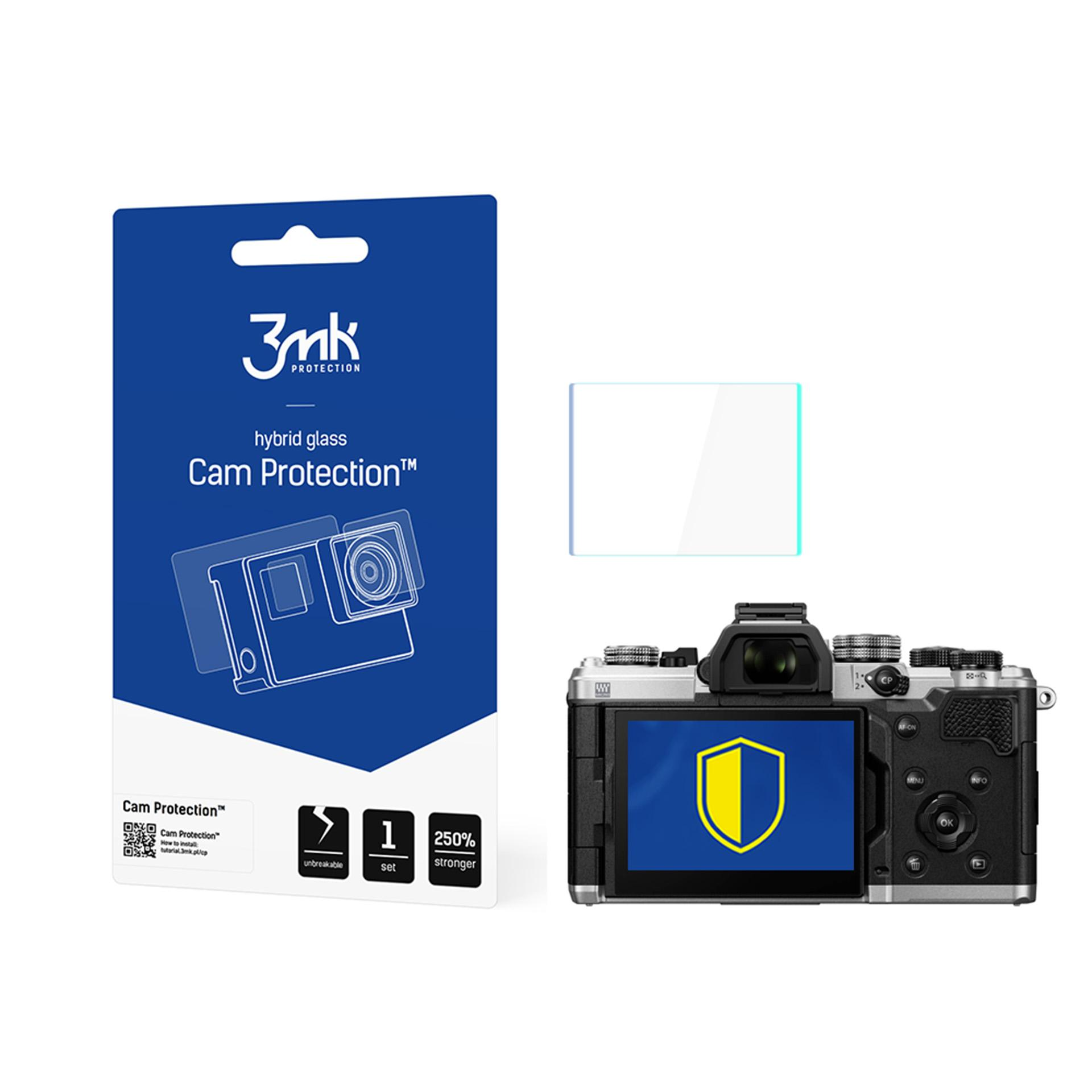 L'immagine mostra una fotocamera, una protezione per lo schermo e una confezione. La fotocamera ha uno schermo blu con uno scudo giallo.