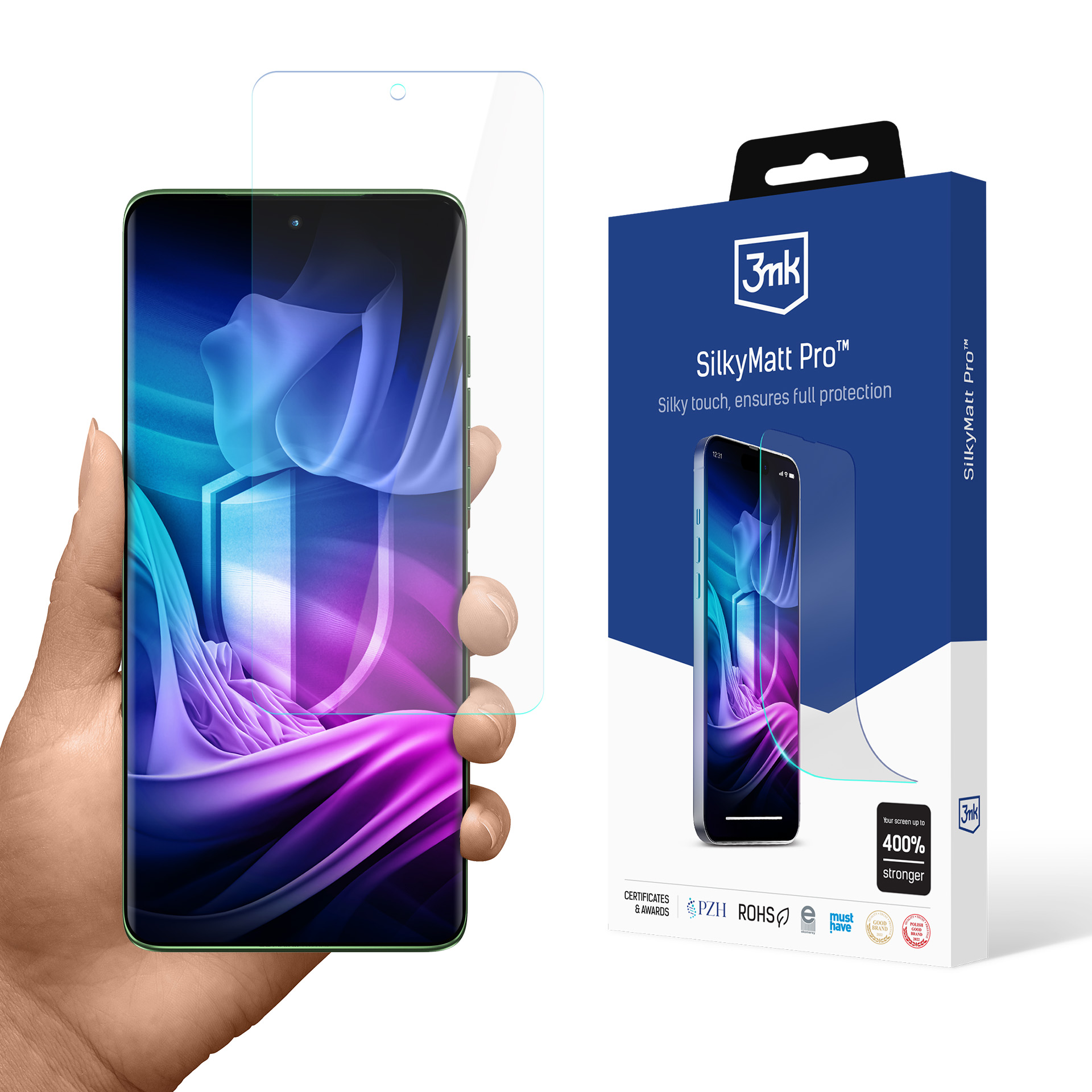 Mano che tiene in mano un telefono con protezione schermo. Scatola a destra mostra telefono e protezione. Testo: SilkyMatt Pro.