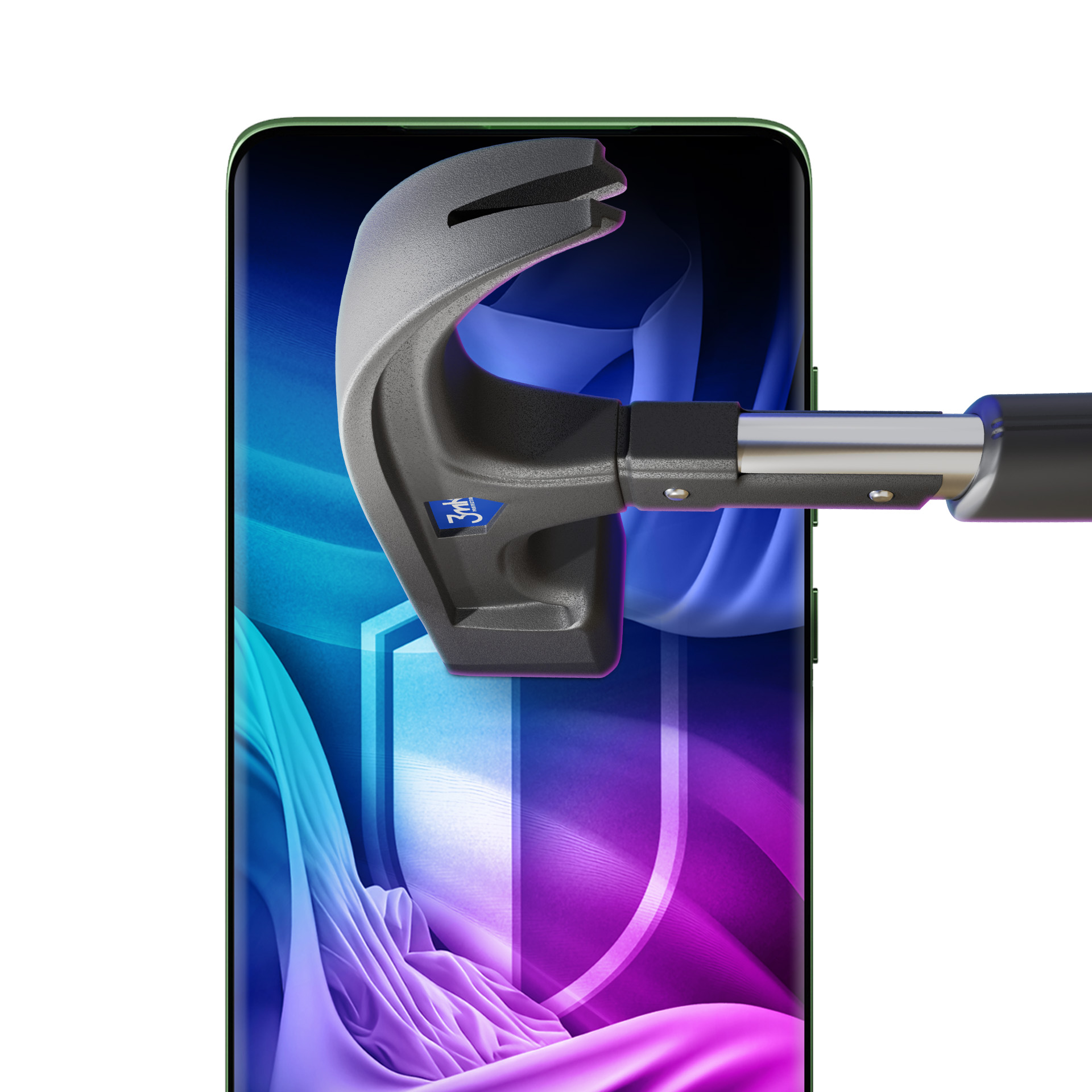 Un martello colpisce lo schermo di uno smartphone. Lo schermo mostra uno scudo su sfondo blu-viola.