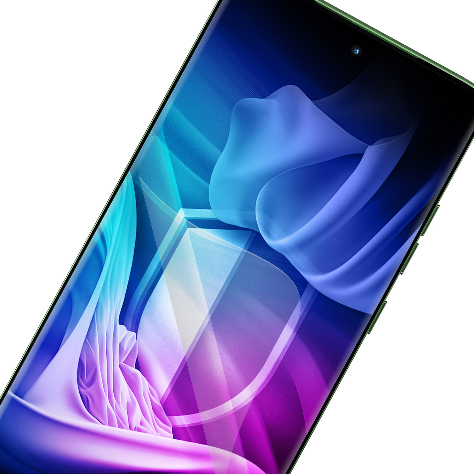 Uno smartphone con bordi verdi mostra un design astratto colorato di forme blu, viola e bianche.