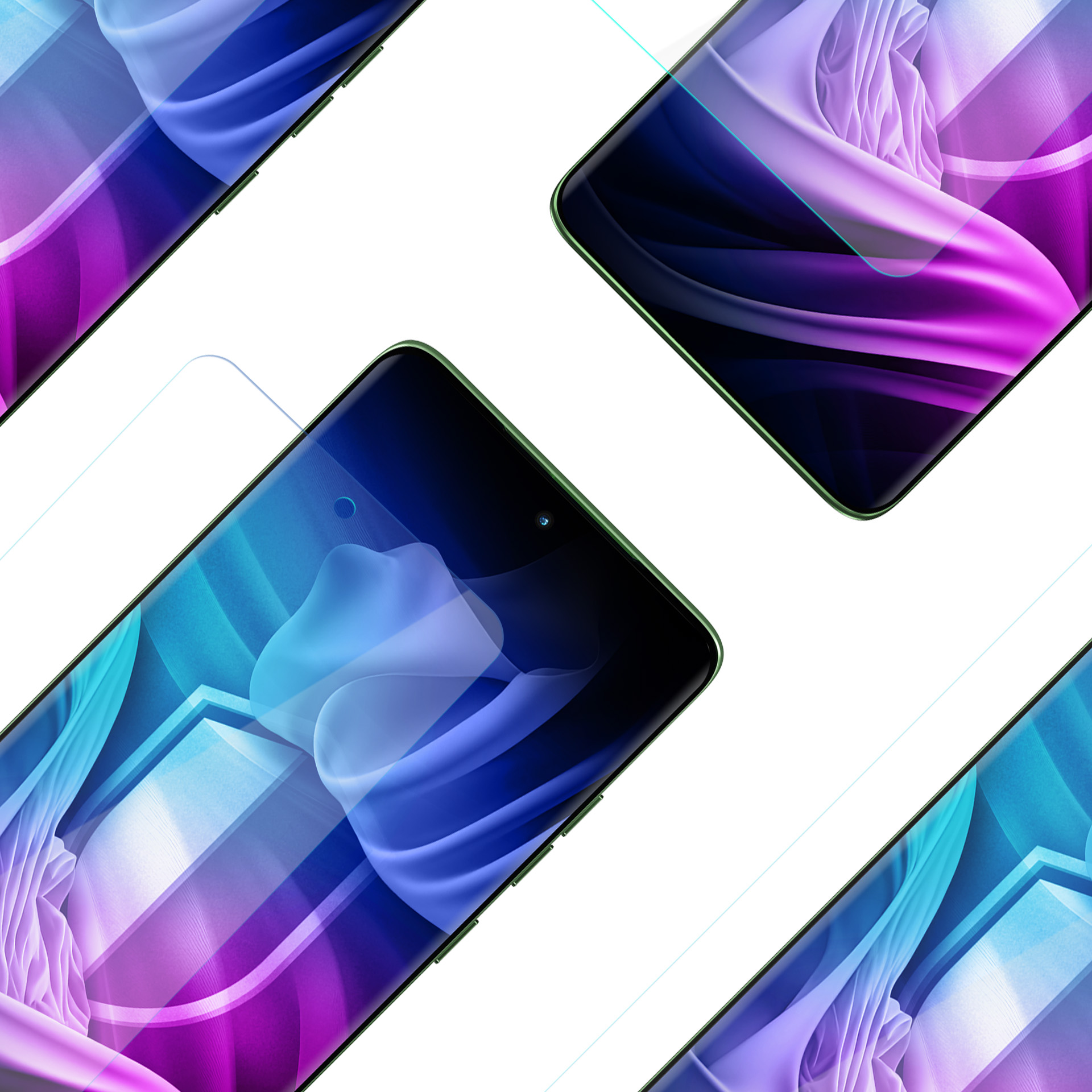 Quattro smartphone con bordi verdi sono disposti diagonalmente. Ogni schermo mostra un design astratto colorato su sfondo bianco.