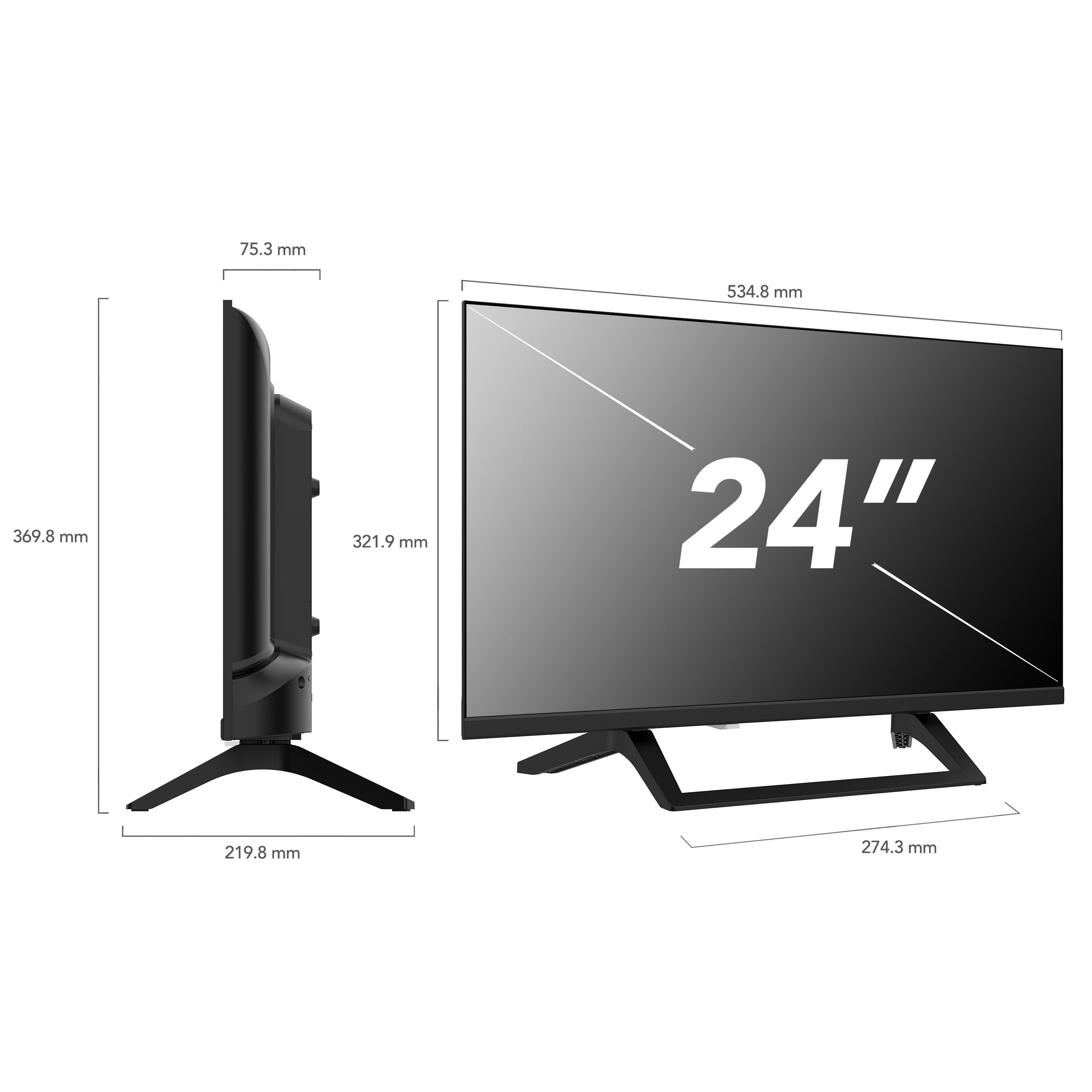 Un televisore nero da 24 pollici con dimensioni etichettate. Si erge su gambe nere. Lo schermo mostra la dimensione '24"'.