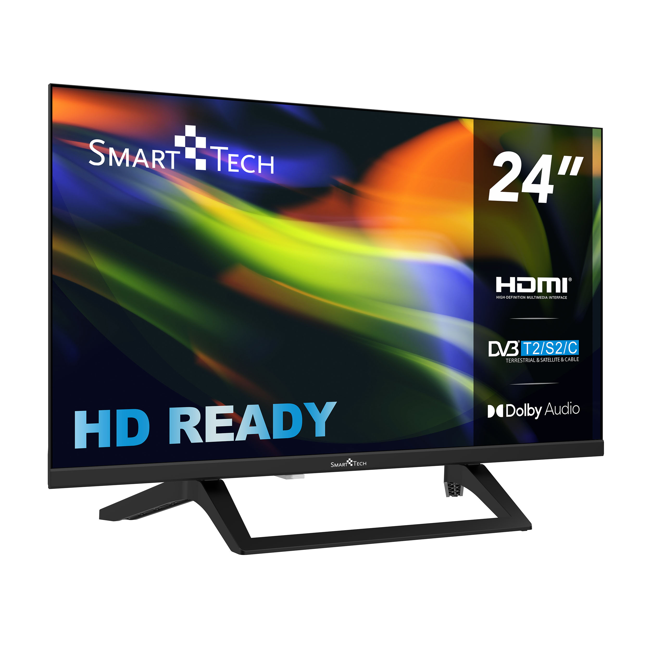 Una Smart Tech 24" HD READY TV. Ha HDMI, DVB T2/S2/C e Dolby Audio. La TV è nera con sfondo colorato.