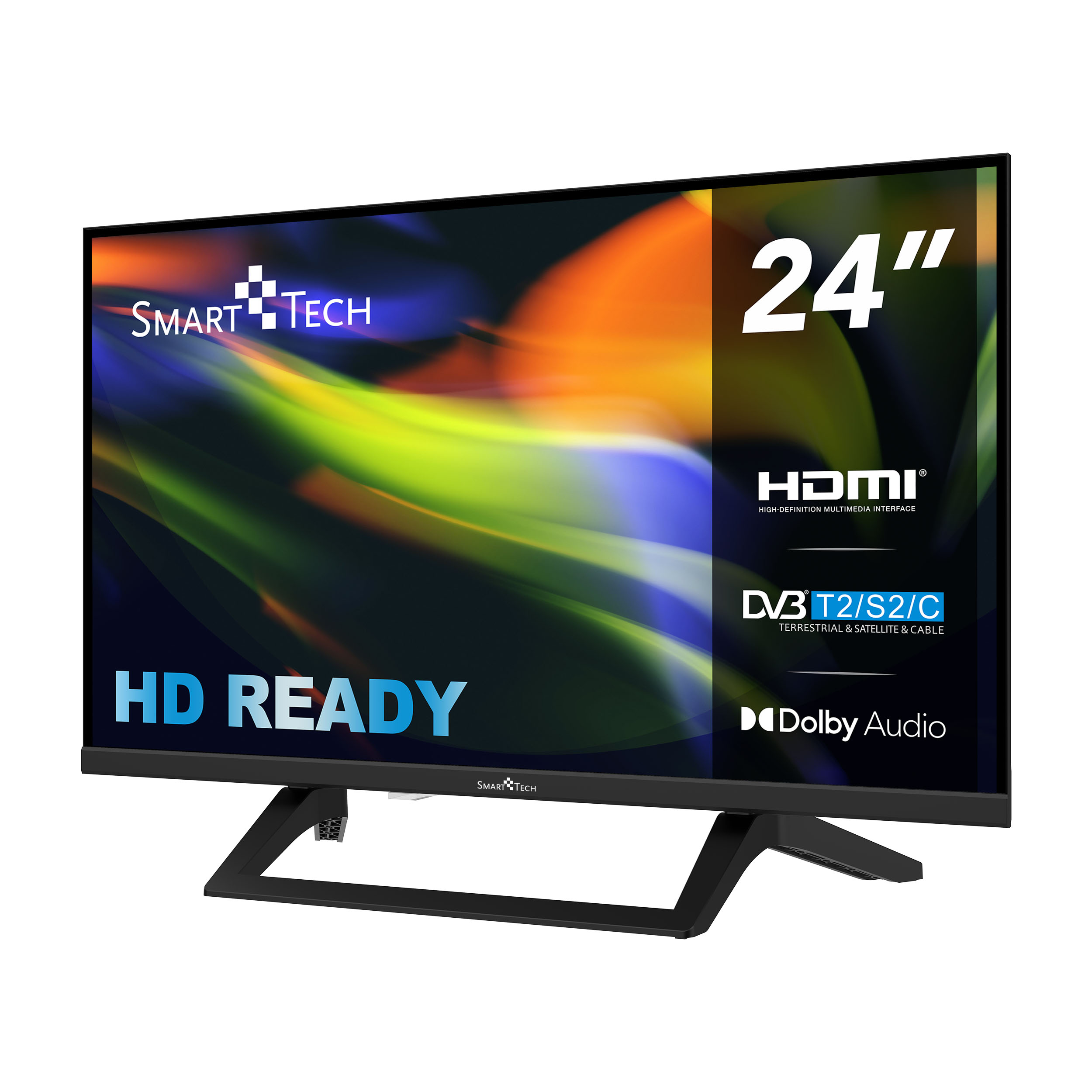 Una TV Smart Tech HD Ready da 24". Ha HDMI, DVB e Dolby Audio. Lo schermo mostra motivi astratti colorati.