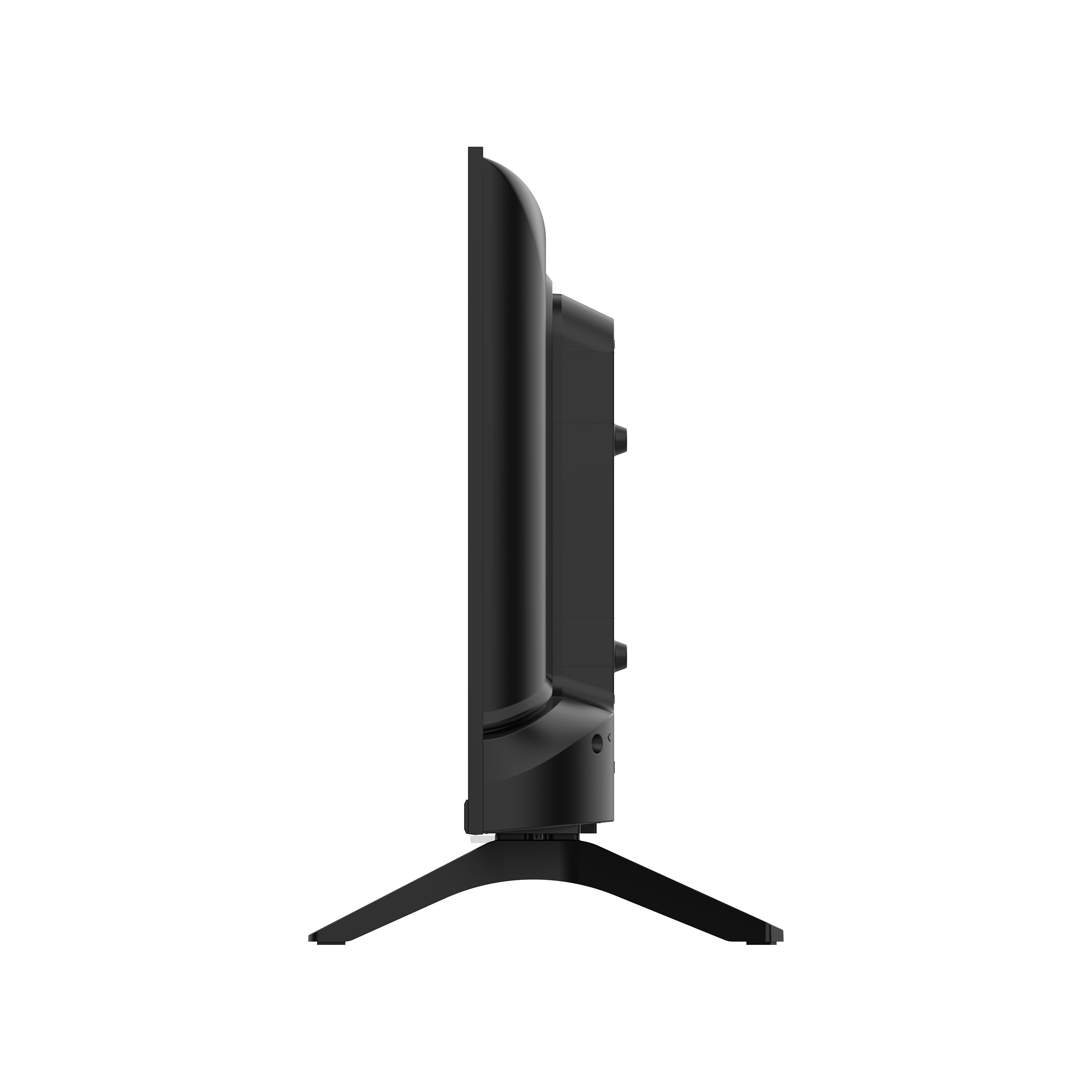 Vista laterale di una televisione nera. Ha un supporto e si trova su sfondo bianco.