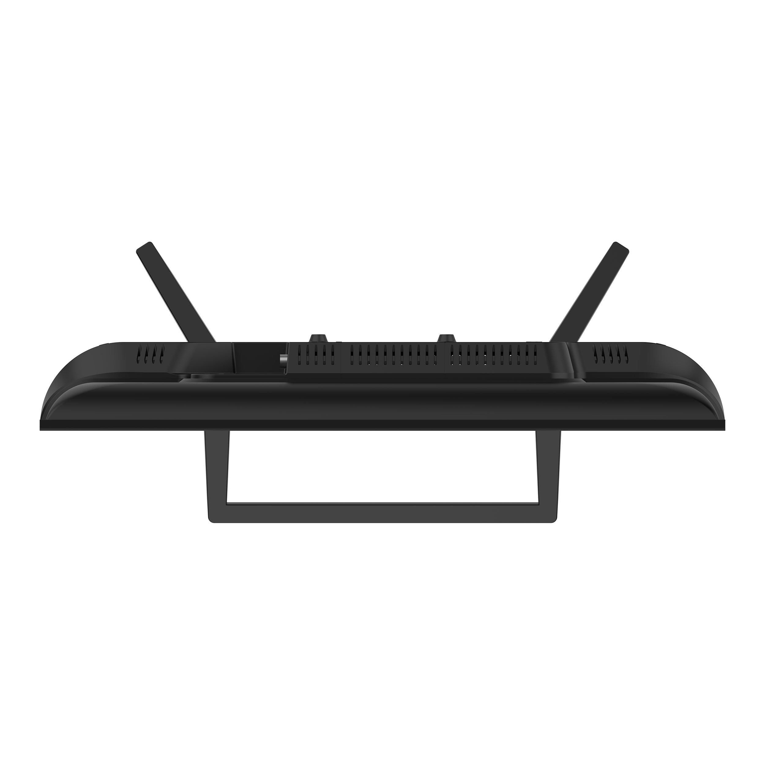 Una TV nera vista dall'alto. Ha due antenne e un supporto. Lo sfondo è bianco.