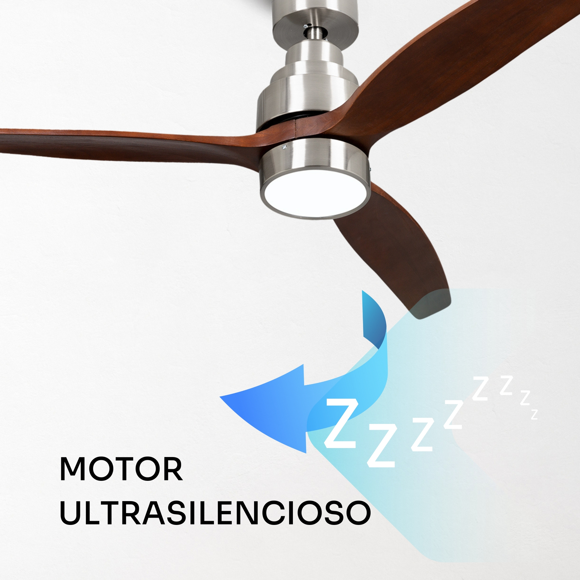 Un ventilador de techo con aspas de madera y motor plateado. Una flecha con 'Z's indica silencio. El texto dice 'Motor Ultrasilencioso'.