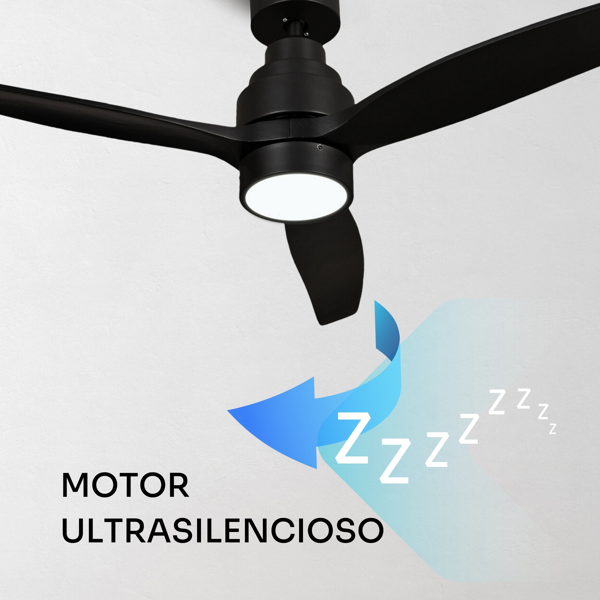 Ventilador de techo negro con tres aspas y luz. Una flecha azul con símbolos 'Zz' indica un motor silencioso.