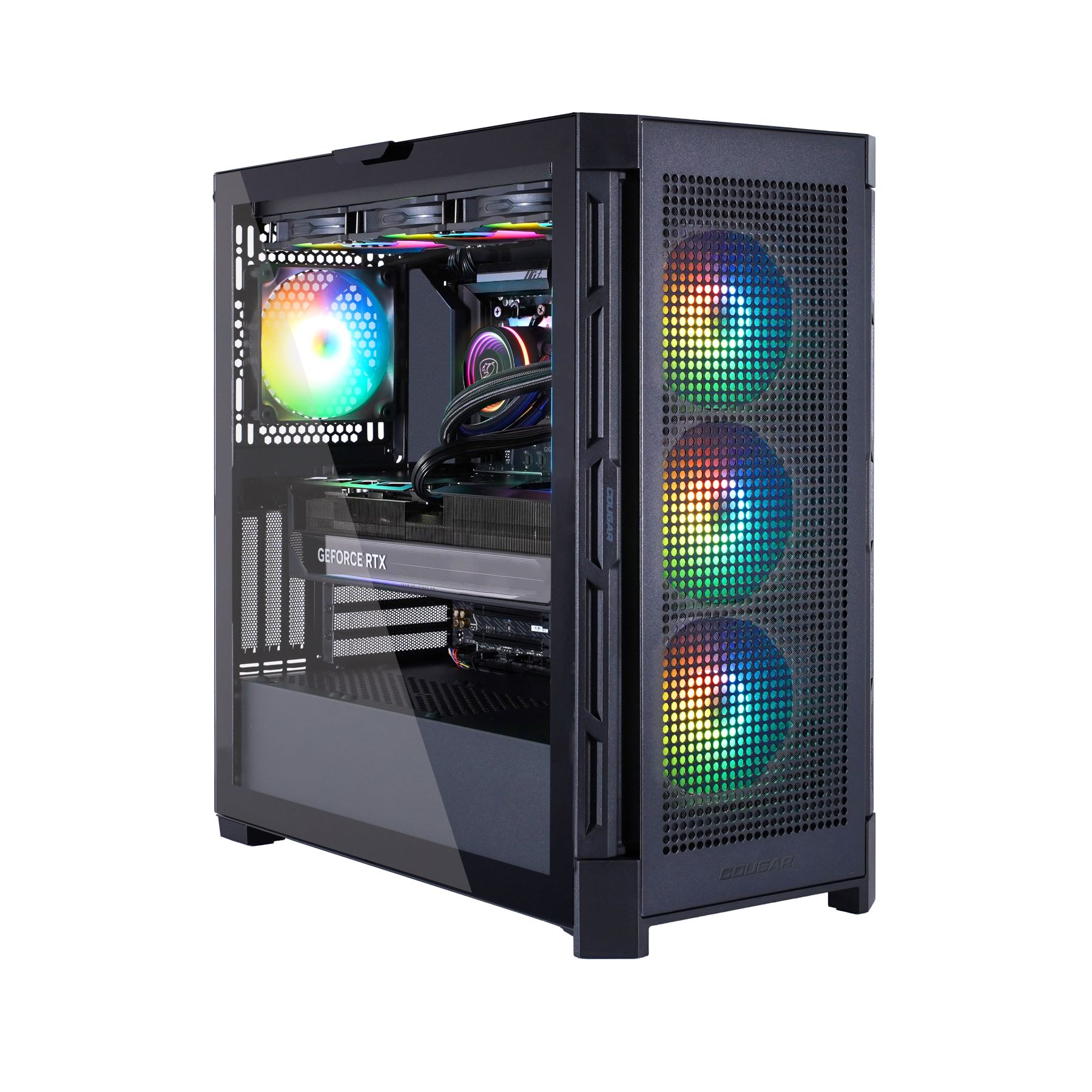 Schwarzes Computergehäuse mit Glasfront, Lüftern mit Regenbogenlichtern. GeForce RTX Logo sichtbar. Cougar-Logo.