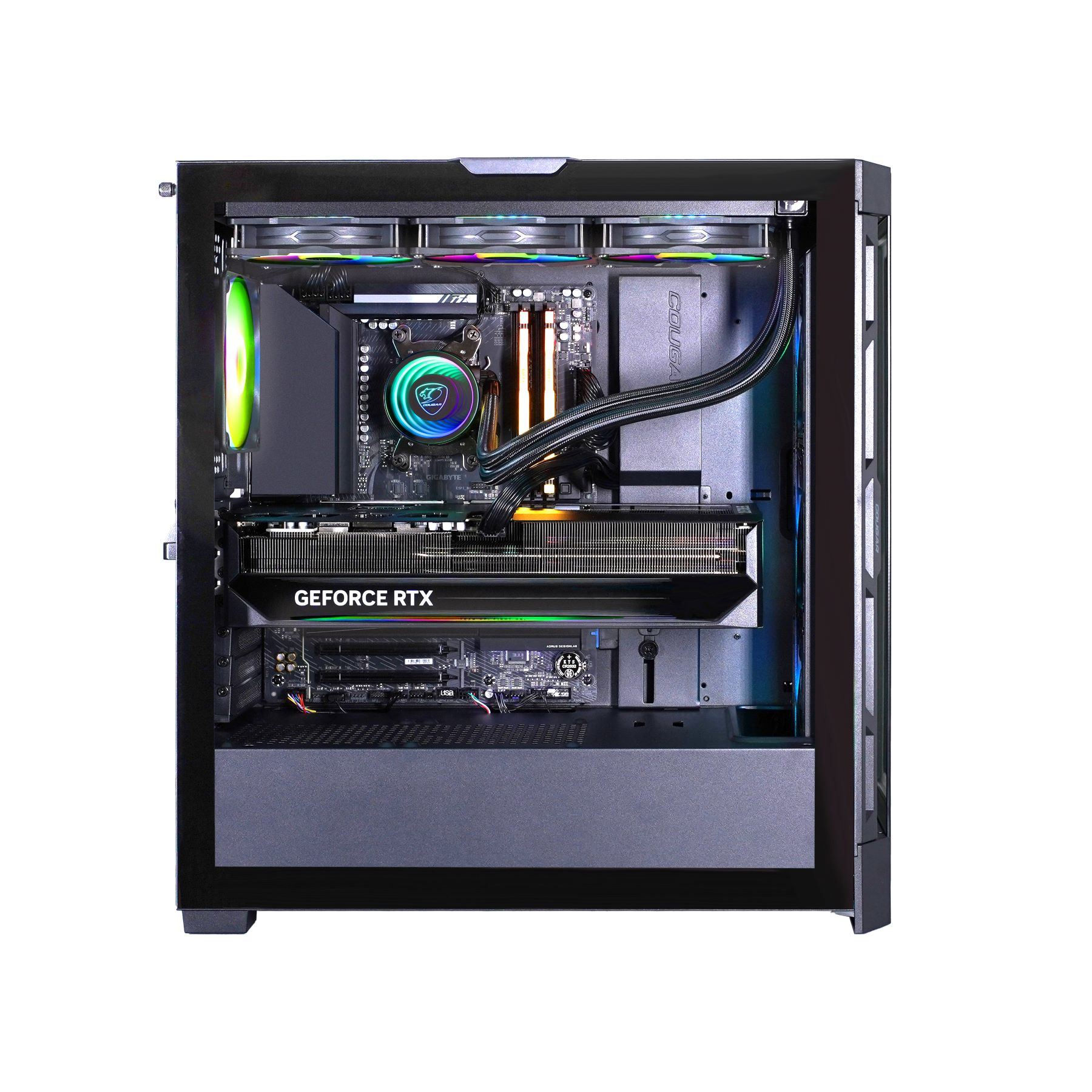 Ein Computergehäuse mit sichtbaren internen Komponenten. Enthält eine Grafikkarte, CPU-Kühler, Lüfter und ein Motherboard.