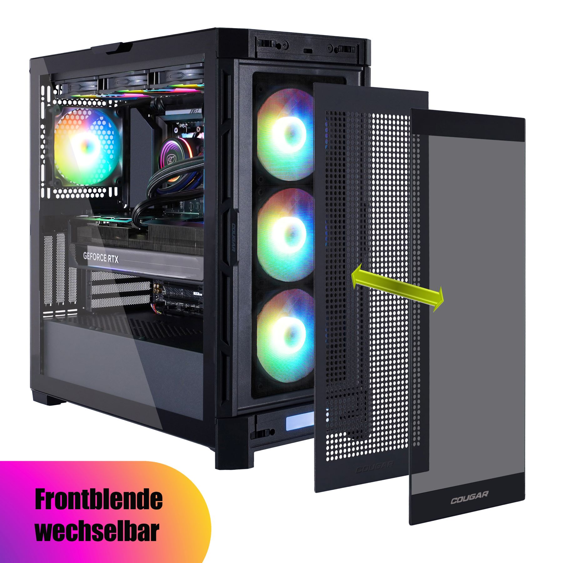 Ein schwarzes Computergehäuse mit abnehmbarer Frontplatte. RGB-Lüfter sind sichtbar. Die Frontplatte ist perforiert.