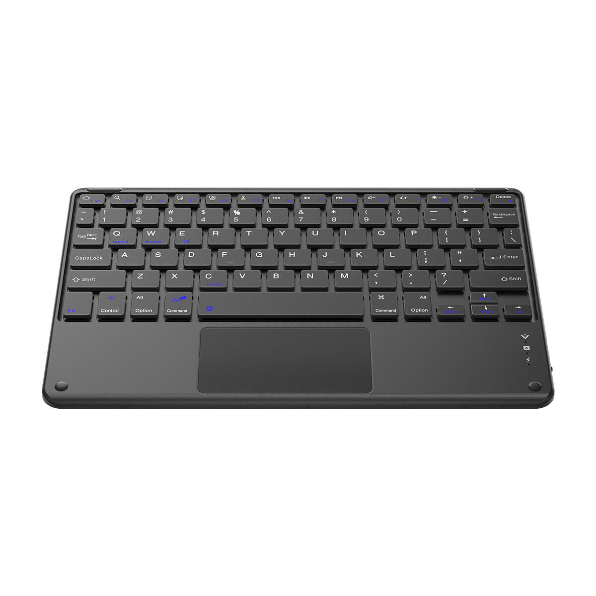 Un teclado inalámbrico negro con panel táctil. Tiene teclas alfanuméricas, teclas de función y un área táctil.